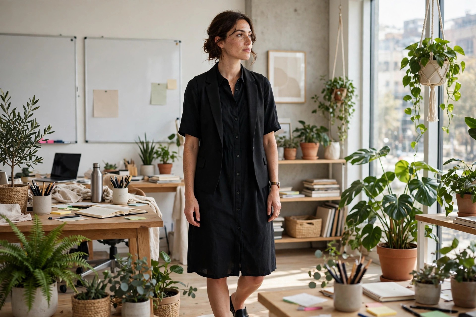 A woman in her late 20s in a black shirt dress with a tailored vest worn open over it and black mules, in a bright creative office
