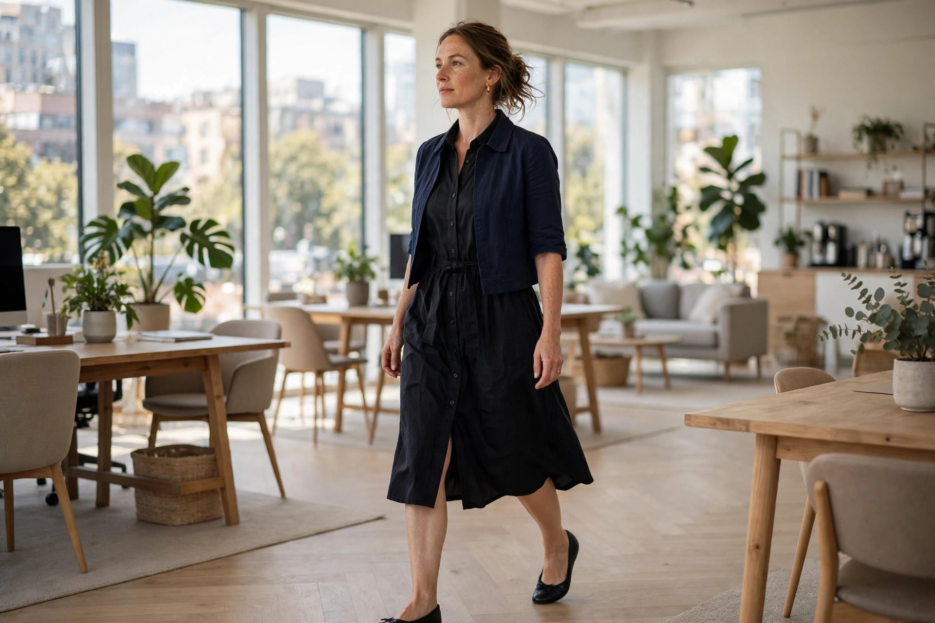 A woman in her mid 30s in a belted black shirt dress with a cropped navy jacket and black ballet flats, walking through a relaxed office