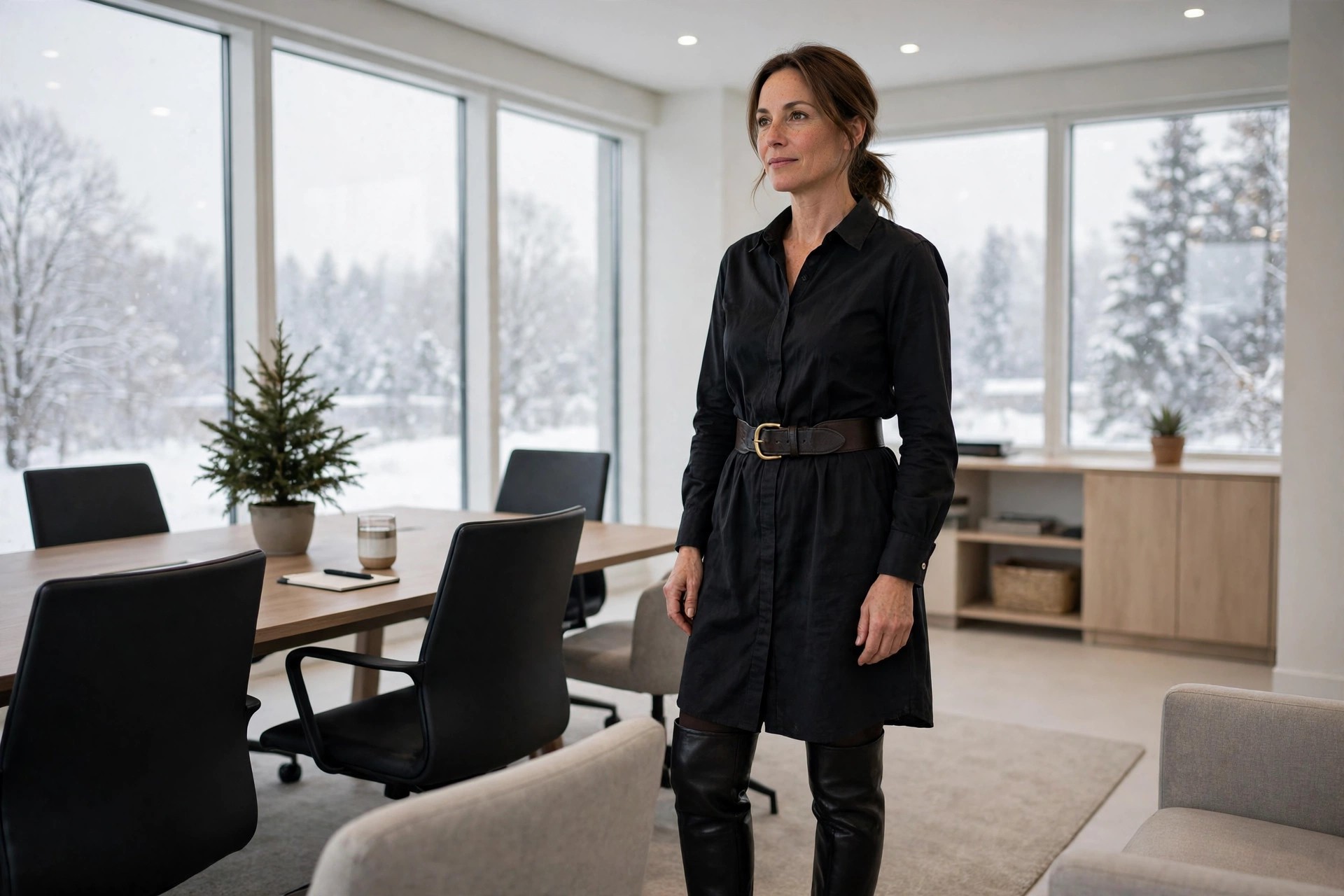 A woman in her early 40s in a black shirt dress with a wide dark belt and tall black leather boots, in a winter meeting room