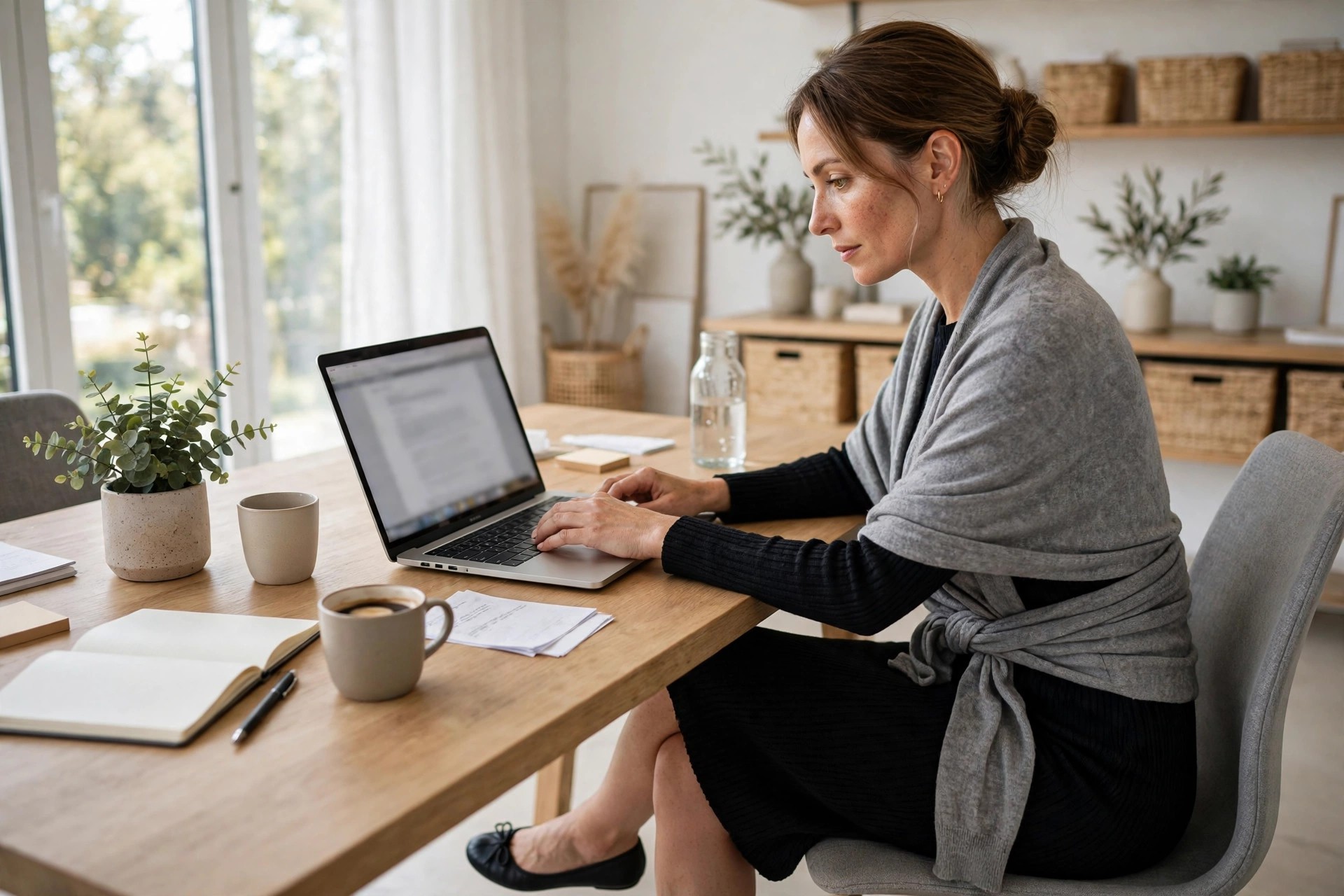 A woman in her late 30s in a black knit dress with a gray wrap cardigan tied at the waist and black ballet flats, working at a laptop