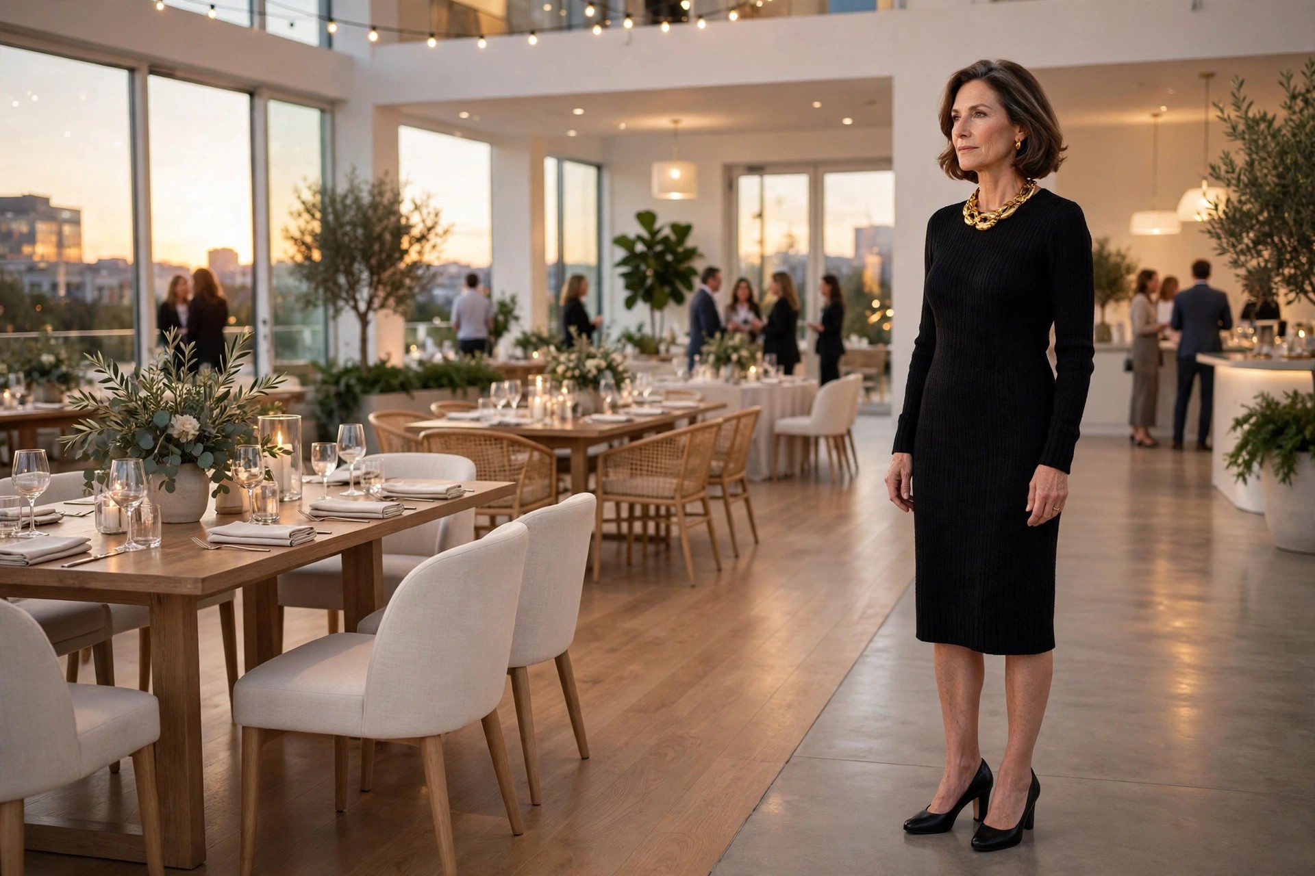 A woman in her early 50s in a black knit dress with a bold gold collar necklace and black pumps, at an evening work event