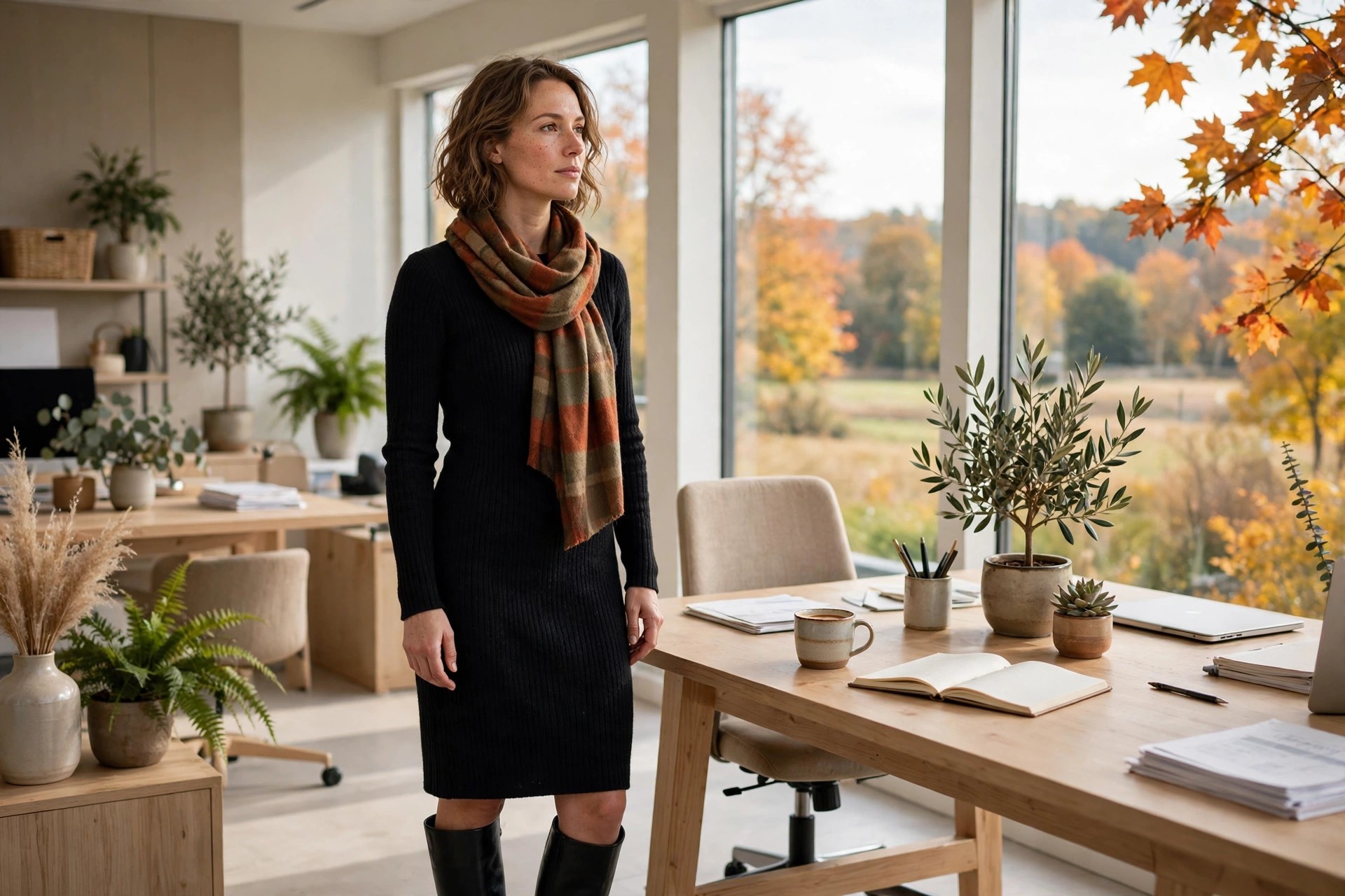 A woman in her early 30s in a black knit dress with a rust and olive plaid scarf and black knee boots, in an autumn office