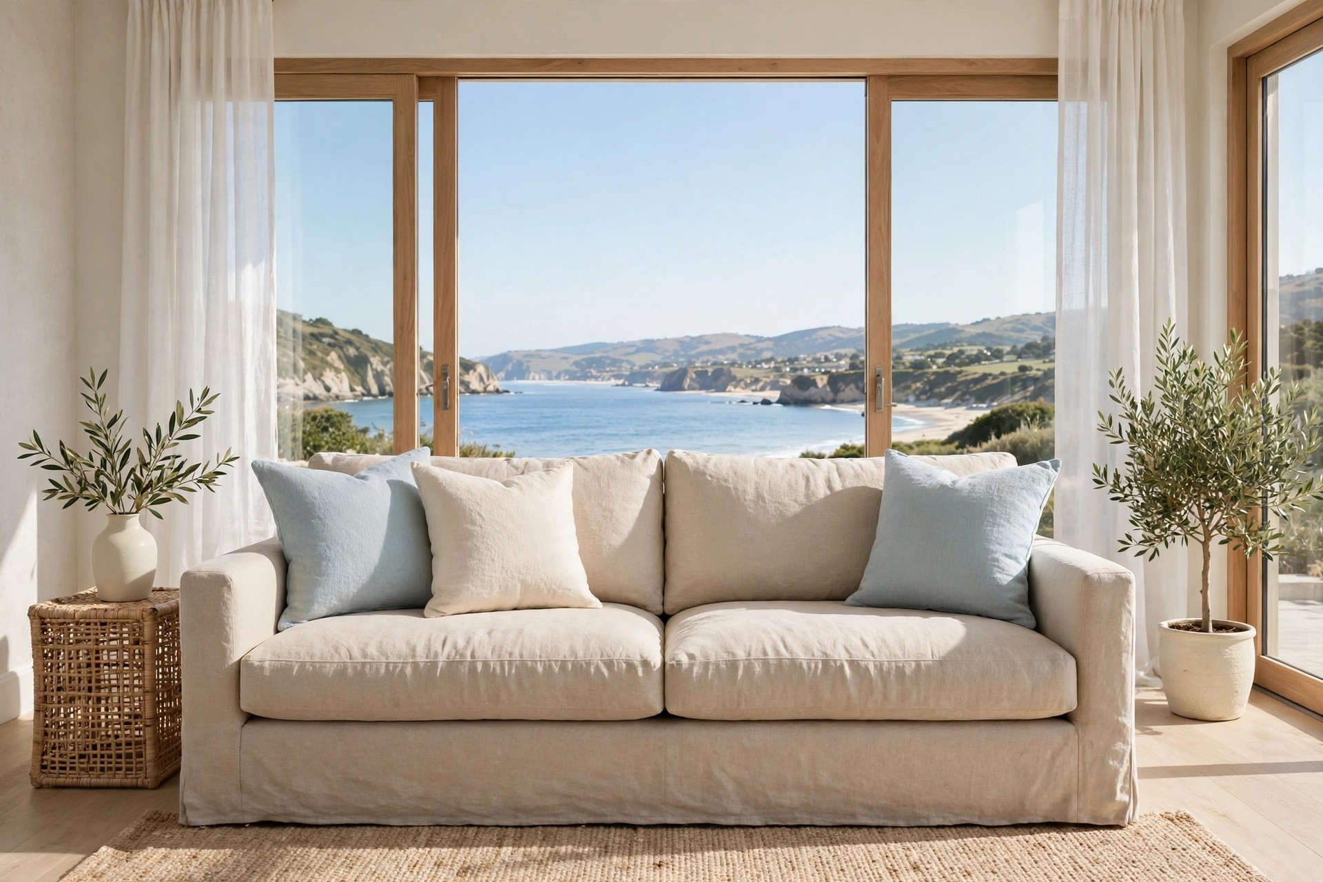 Beige sofa with pale blue cushions at both ends and a cream cushion in the middle in front of large sea view windows