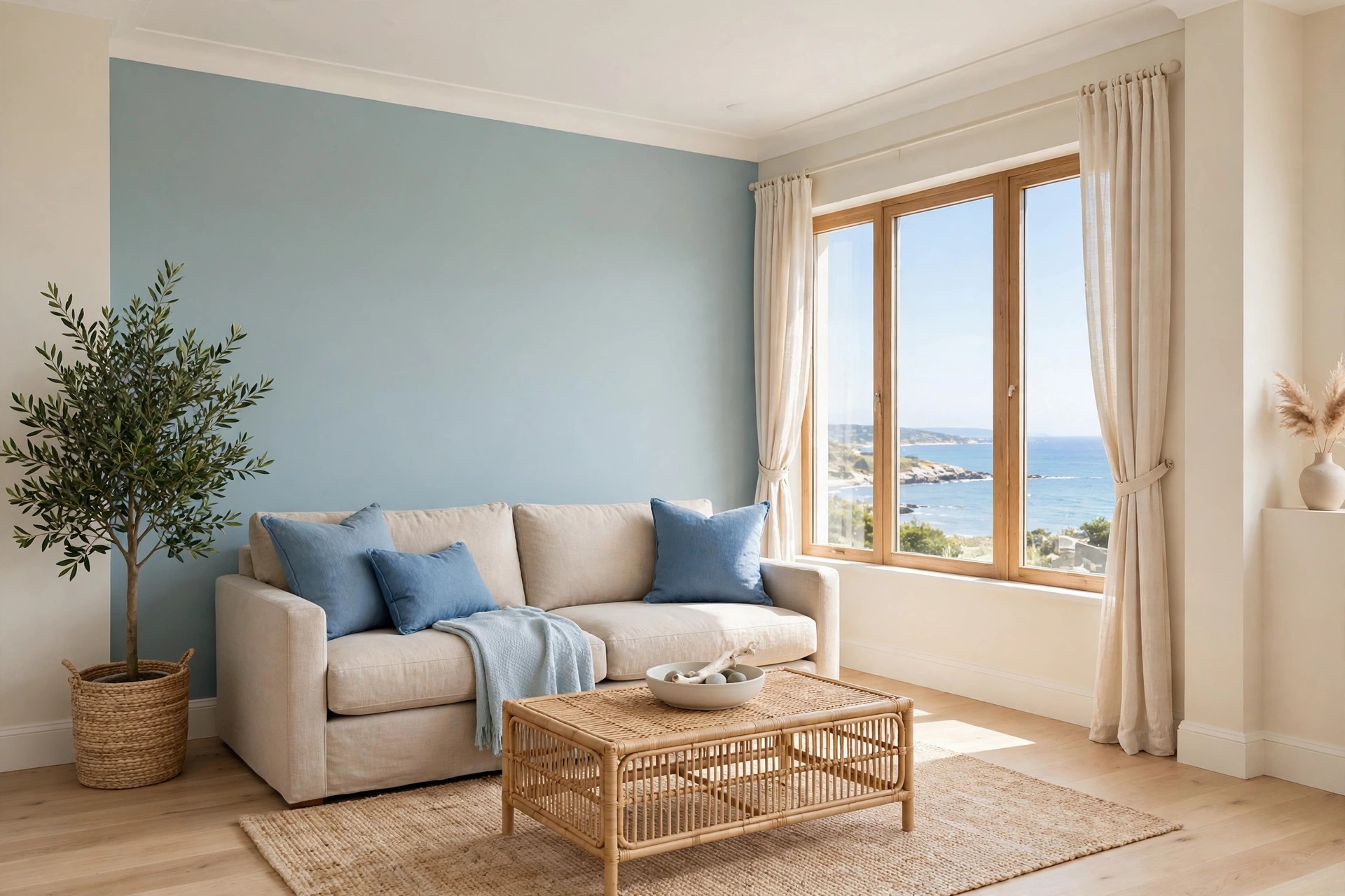 Beige sofa with blue cushions against a pale sea blue wall beside large windows with a sea view and a rattan coffee table