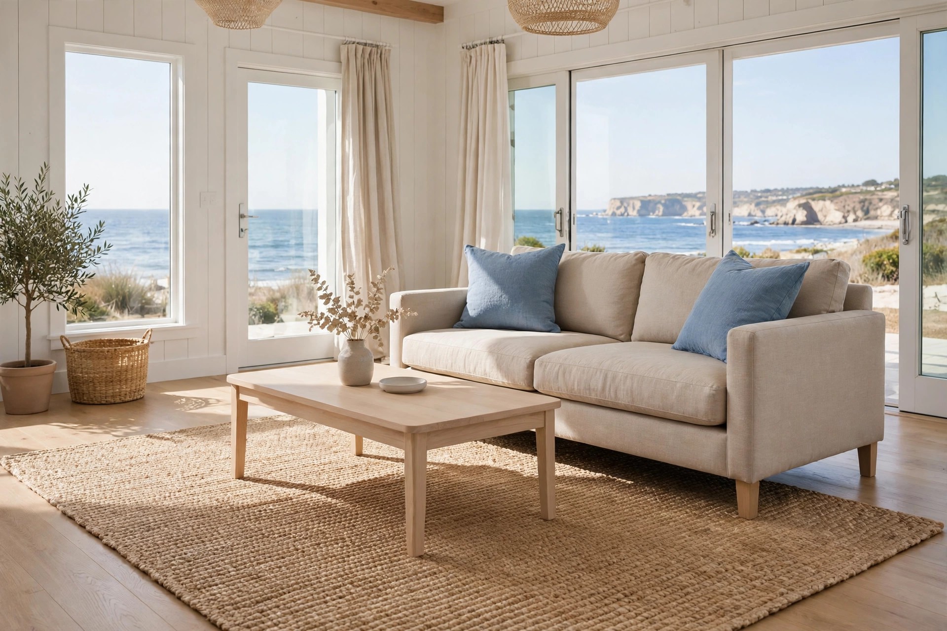 Beige sofa with two blue cushions behind a pale wood coffee table on a large natural jute rug in front of sea view doors