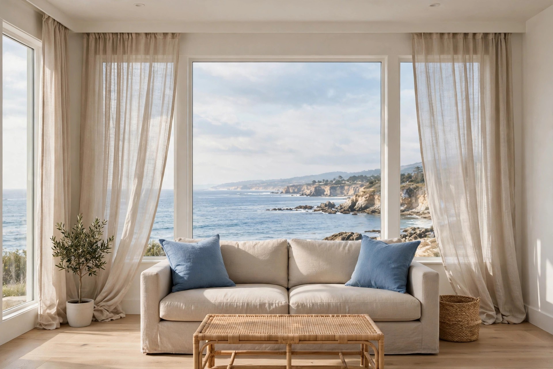 Beige sofa with two blue cushions in front of tall windows with sheer beige linen curtains and a sea view