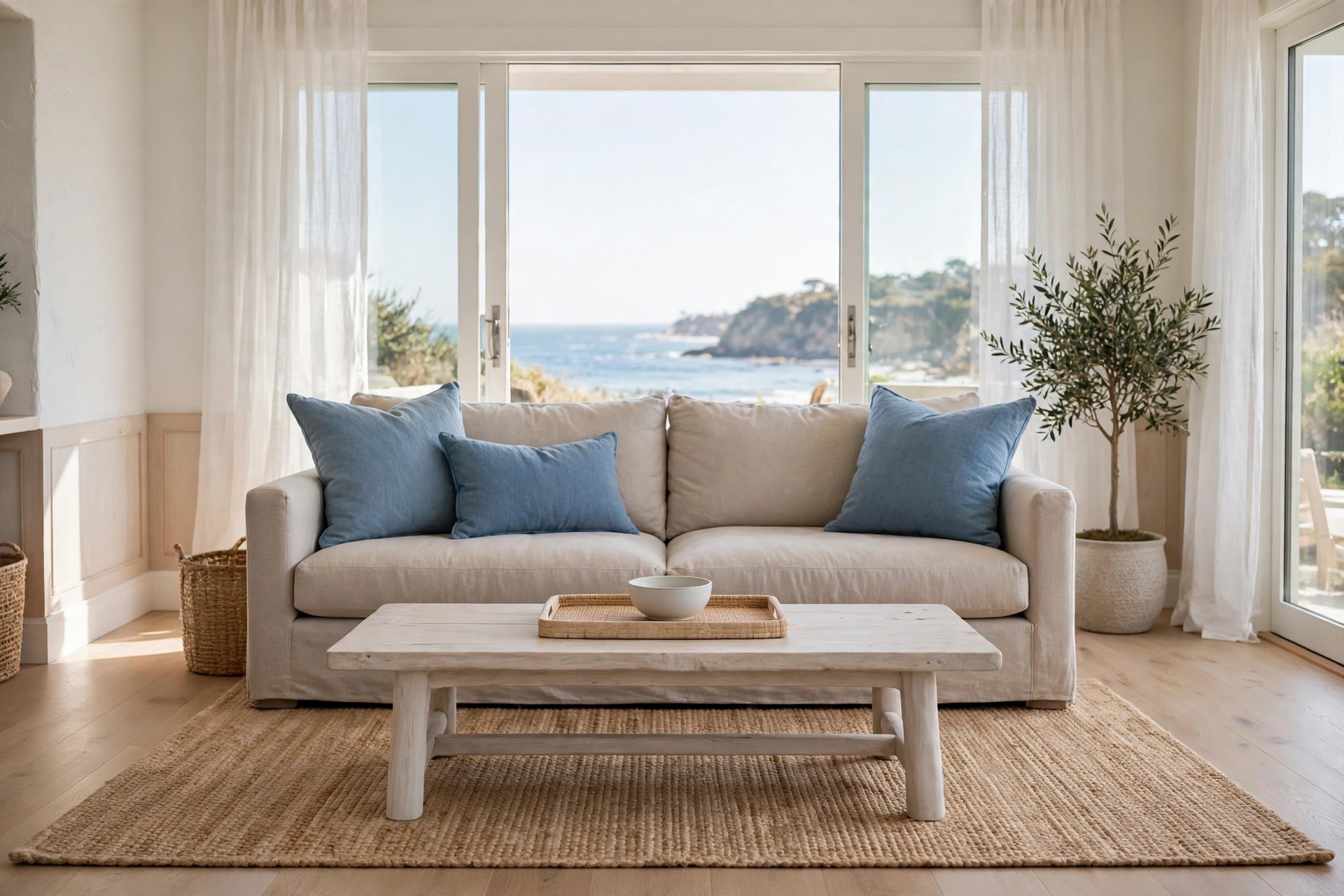 Beige sofa with blue cushions behind a pale whitewashed wood coffee table holding a woven tray and a white bowl on a jute rug