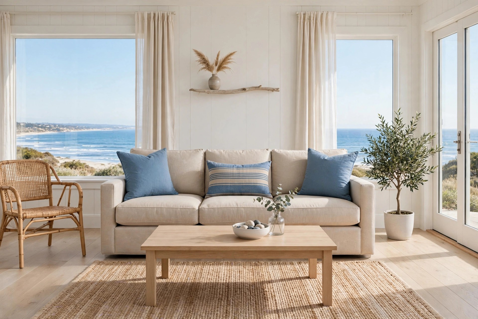 Beige sofa with plain blue cushions and one blue and beige striped cushion in the center, with a wood coffee table and a jute rug
