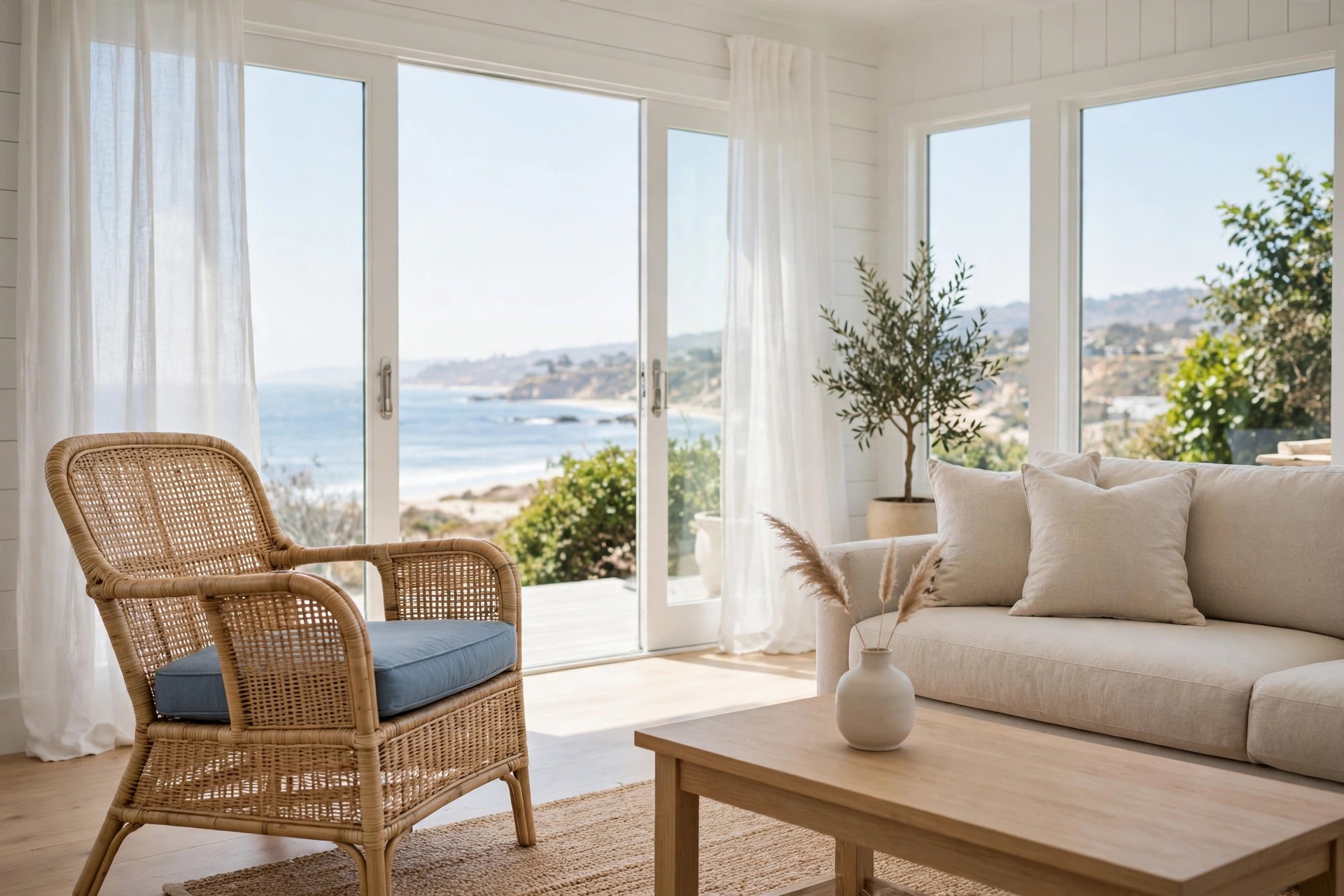 Rattan armchair with a blue seat cushion angled toward a beige sofa with cream cushions beside sea view windows