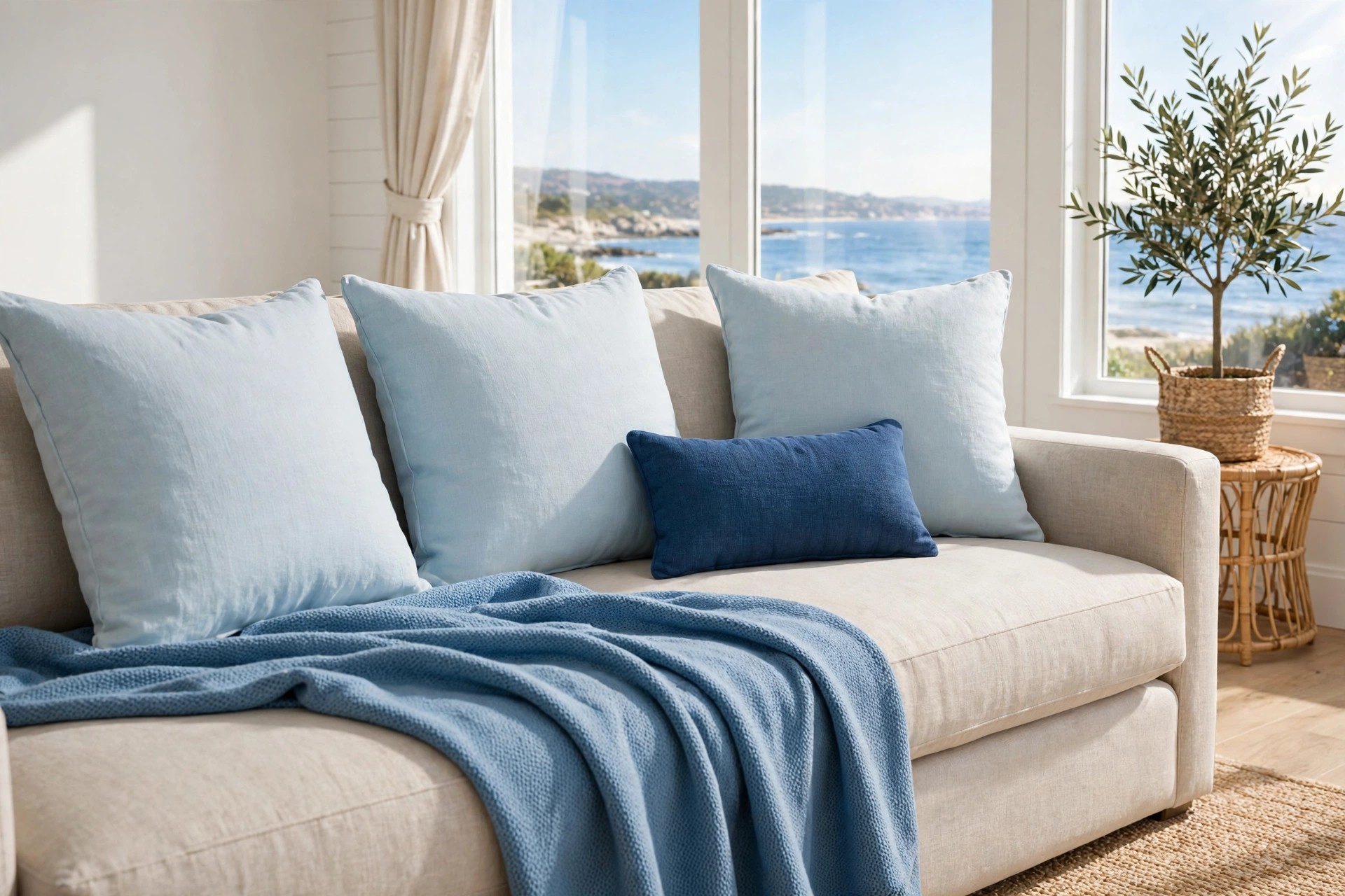 Close view of a beige sofa with pale blue cushions, a mid blue throw and a deep blue lumbar cushion in front of sea view windows