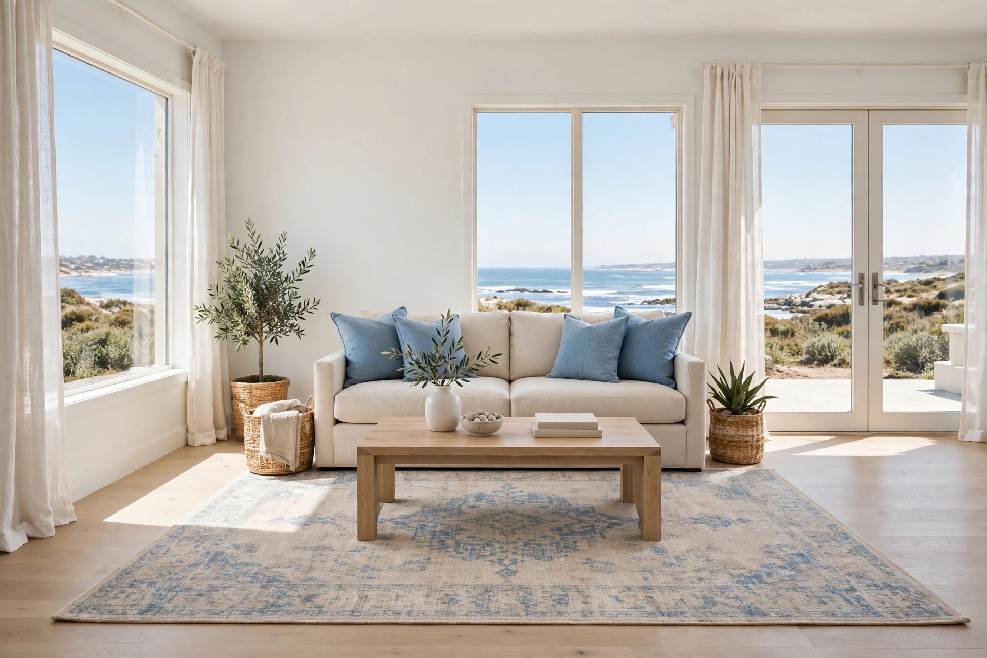 Beige sofa with blue cushions behind a wood coffee table on a beige rug with a faded blue pattern, with beige floor showing around the rug