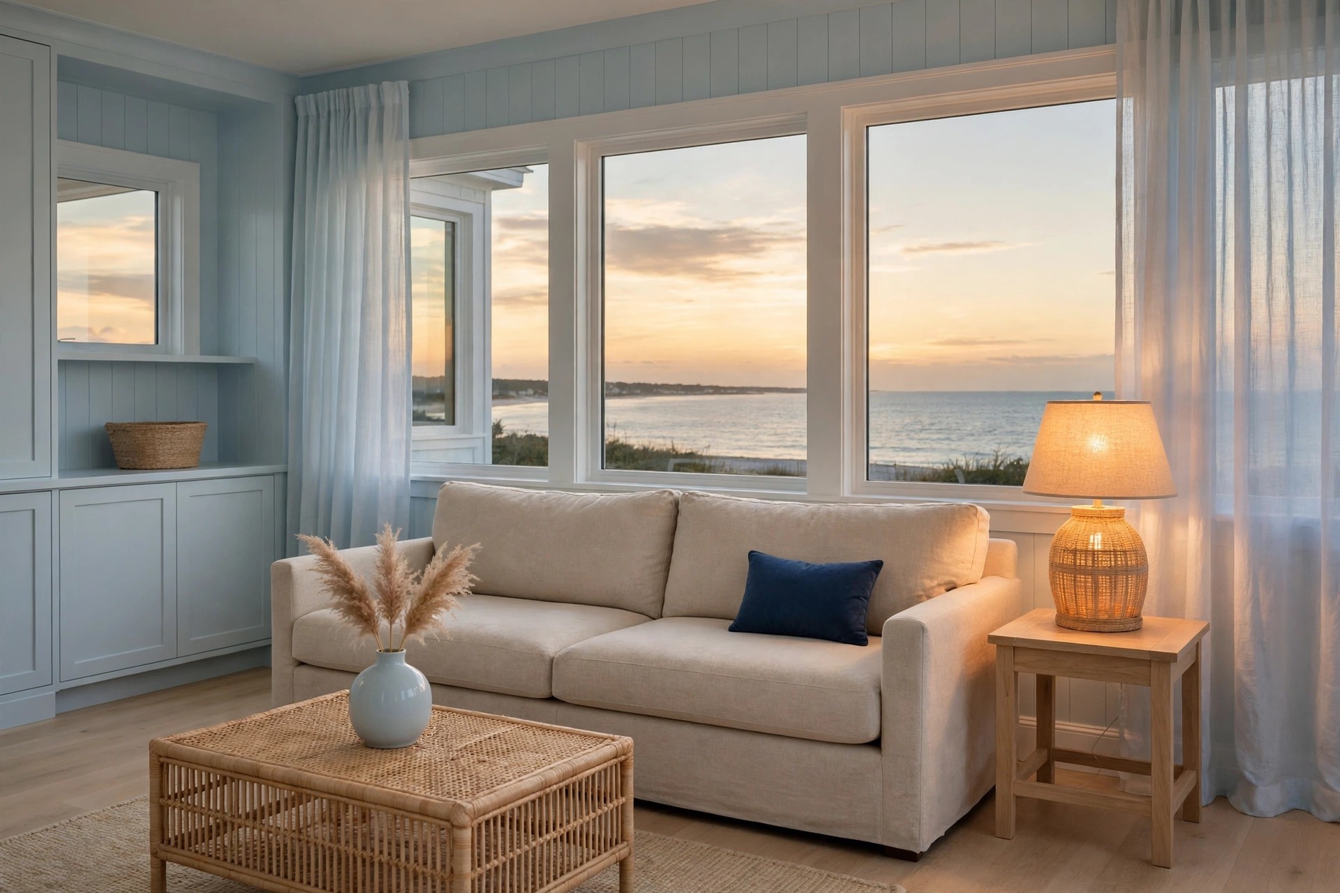 Beige sofa with one small navy cushion beside a lit woven lamp on a wood side table at sunset, with pale blue walls