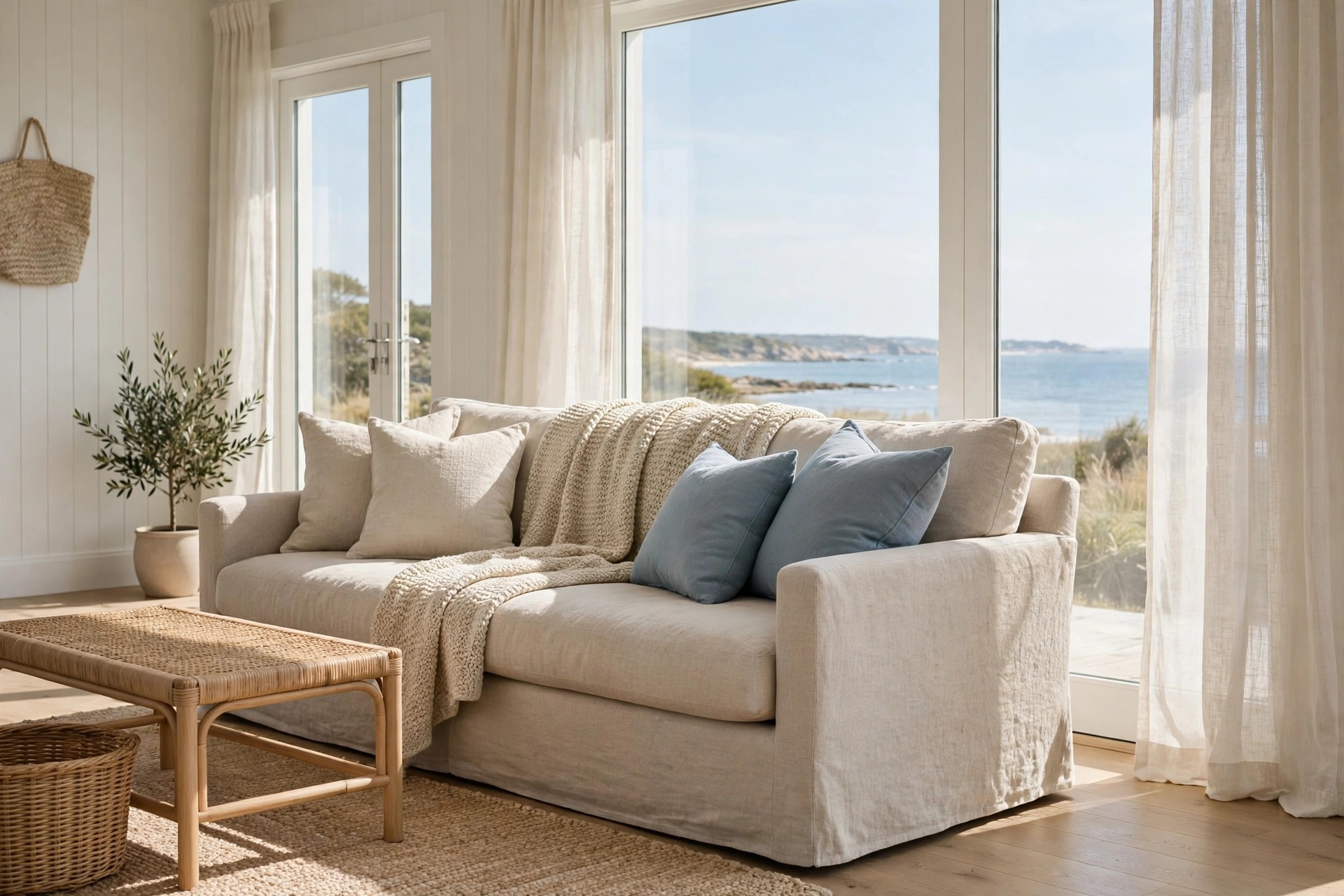 Beige linen sofa with a woven oatmeal throw over its back and blue cushions beside sheer beige curtains and sea view windows