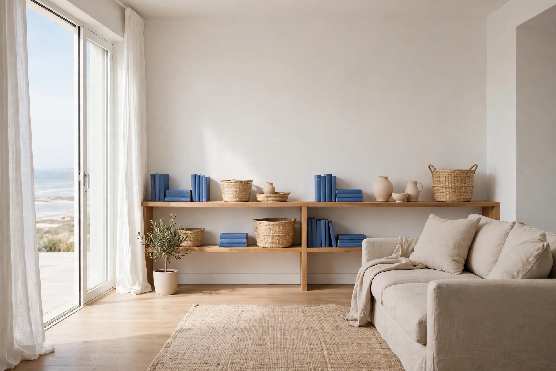 Low wood shelves with blue books, beige woven baskets and pale pottery beside a beige sofa, with empty wall space above