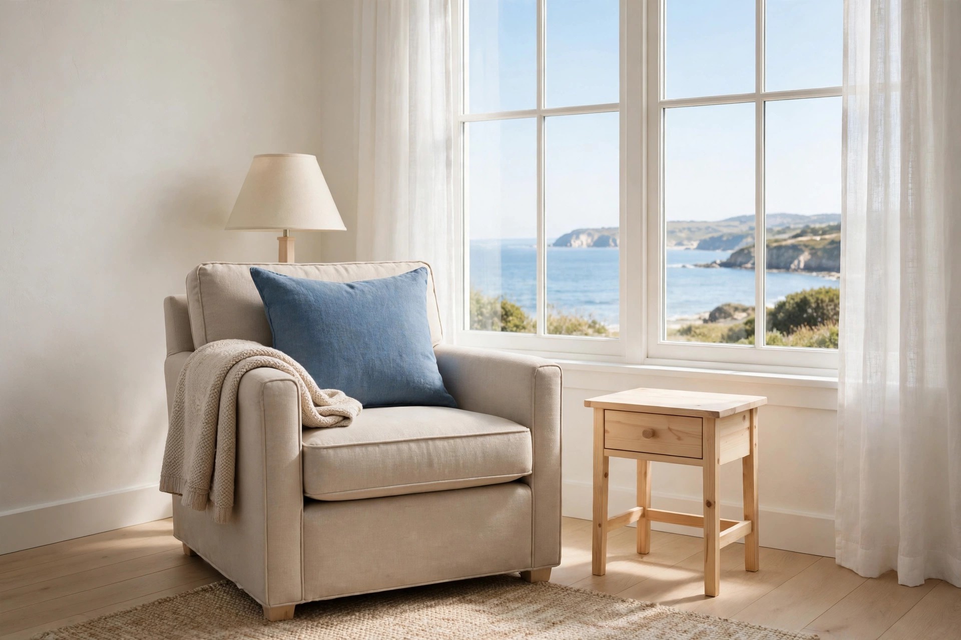 Beige armchair with a blue cushion and a beige throw over one arm beside a pale wood side table and a cream shade lamp by a sea view window