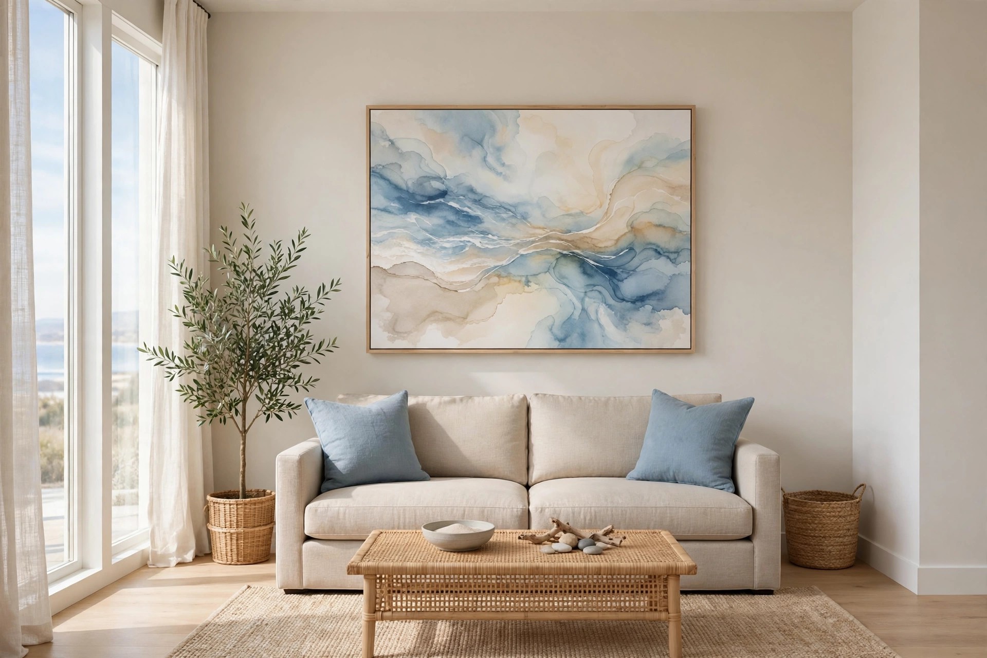 Beige sofa with blue cushions below a large abstract art piece in sea blue, sand beige and cream washes on a beige wall