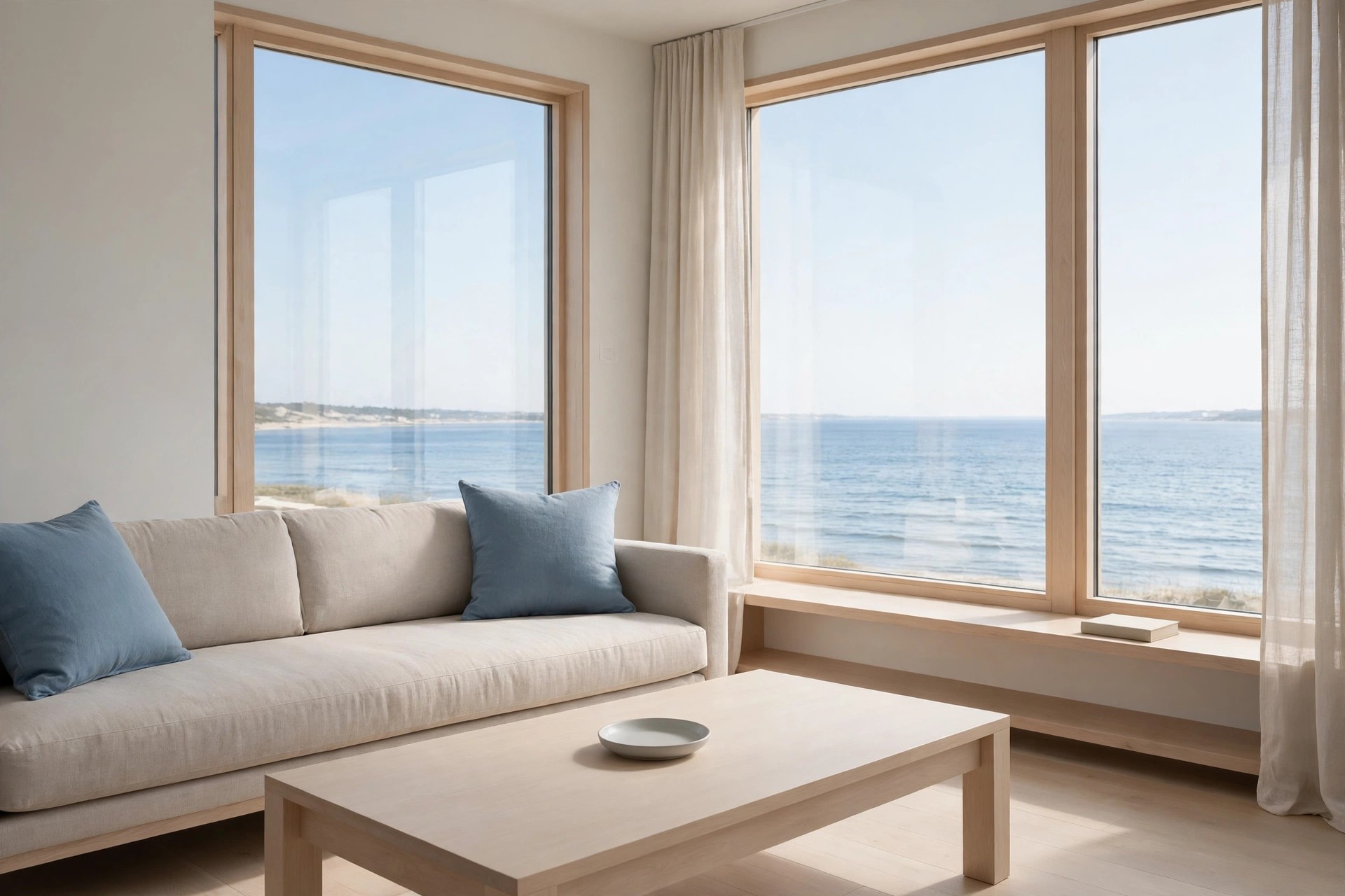 Beige sofa with two blue cushions and a pale wood coffee table with one small dish, with clear surfaces and large sea view windows