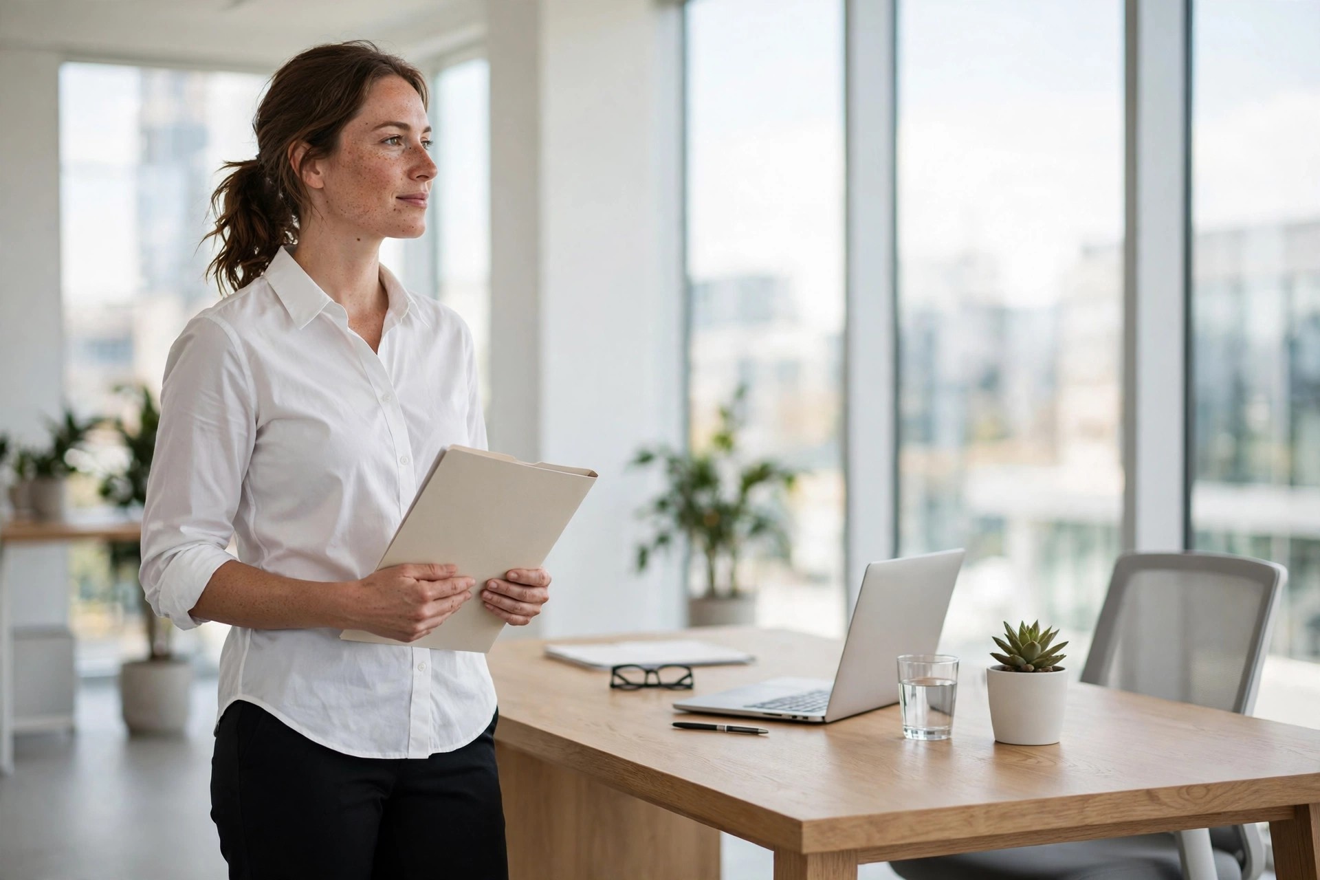 Woman wearing a white shirt and black trousers holding a folder beside an office desk