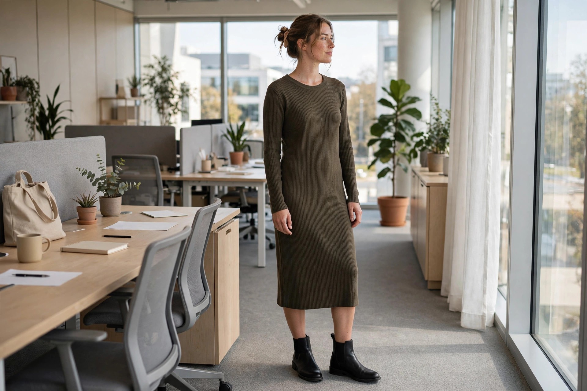 Woman wearing an olive ribbed knit midi dress with black ankle boots