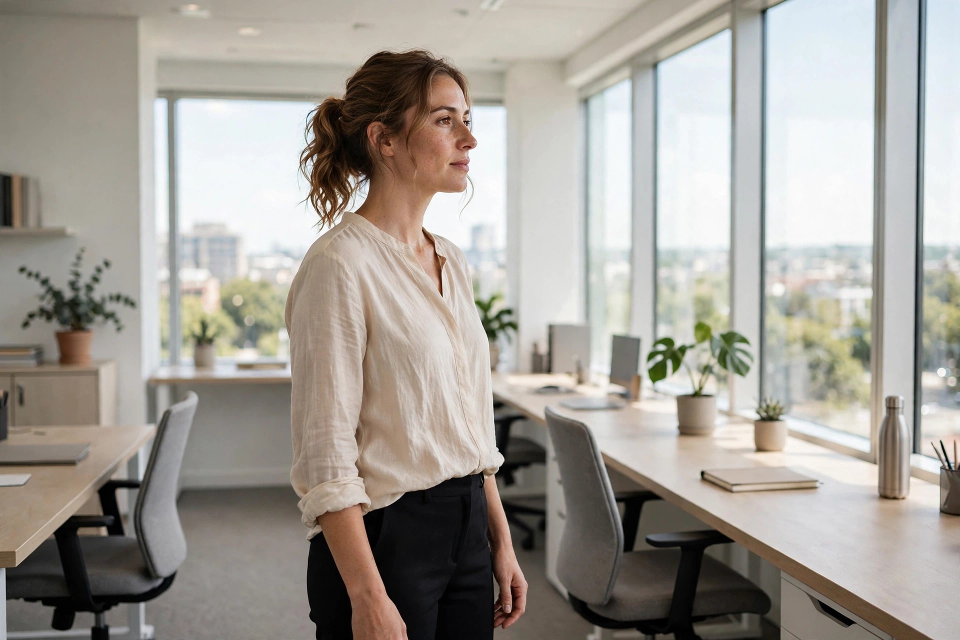 Woman wearing a cream blouse tucked into black trousers in a bright office
