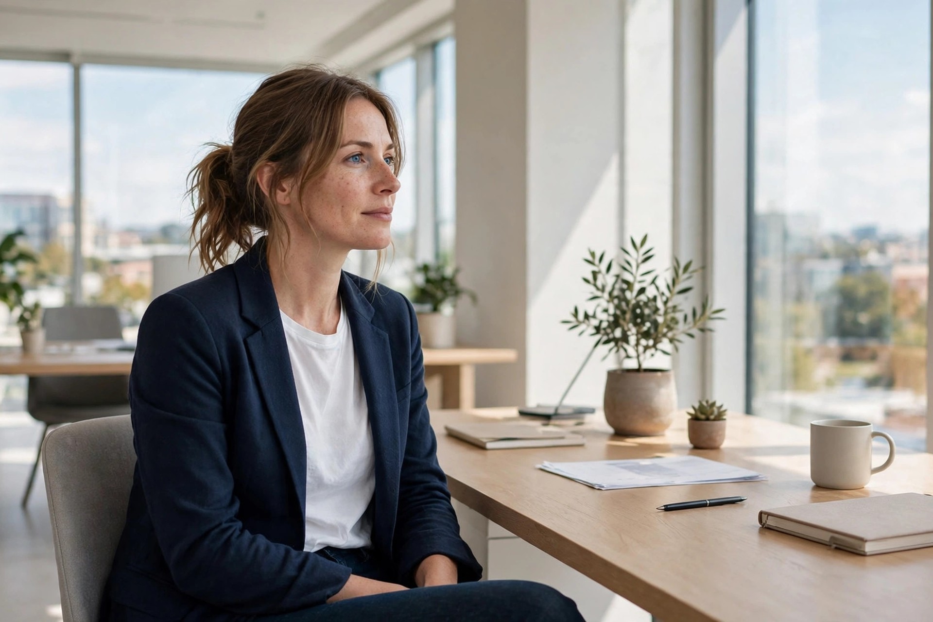Woman seated at a desk wearing a navy blazer, white t-shirt and dark jeans