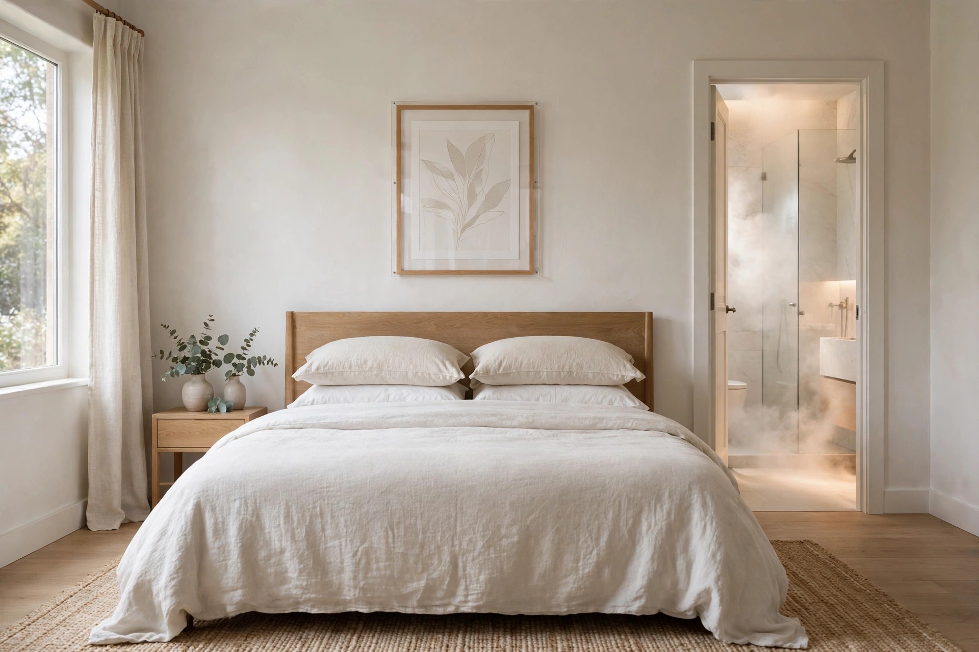 A framed botanical print above a bed in a bedroom with an open door to a steamy ensuite bathroom