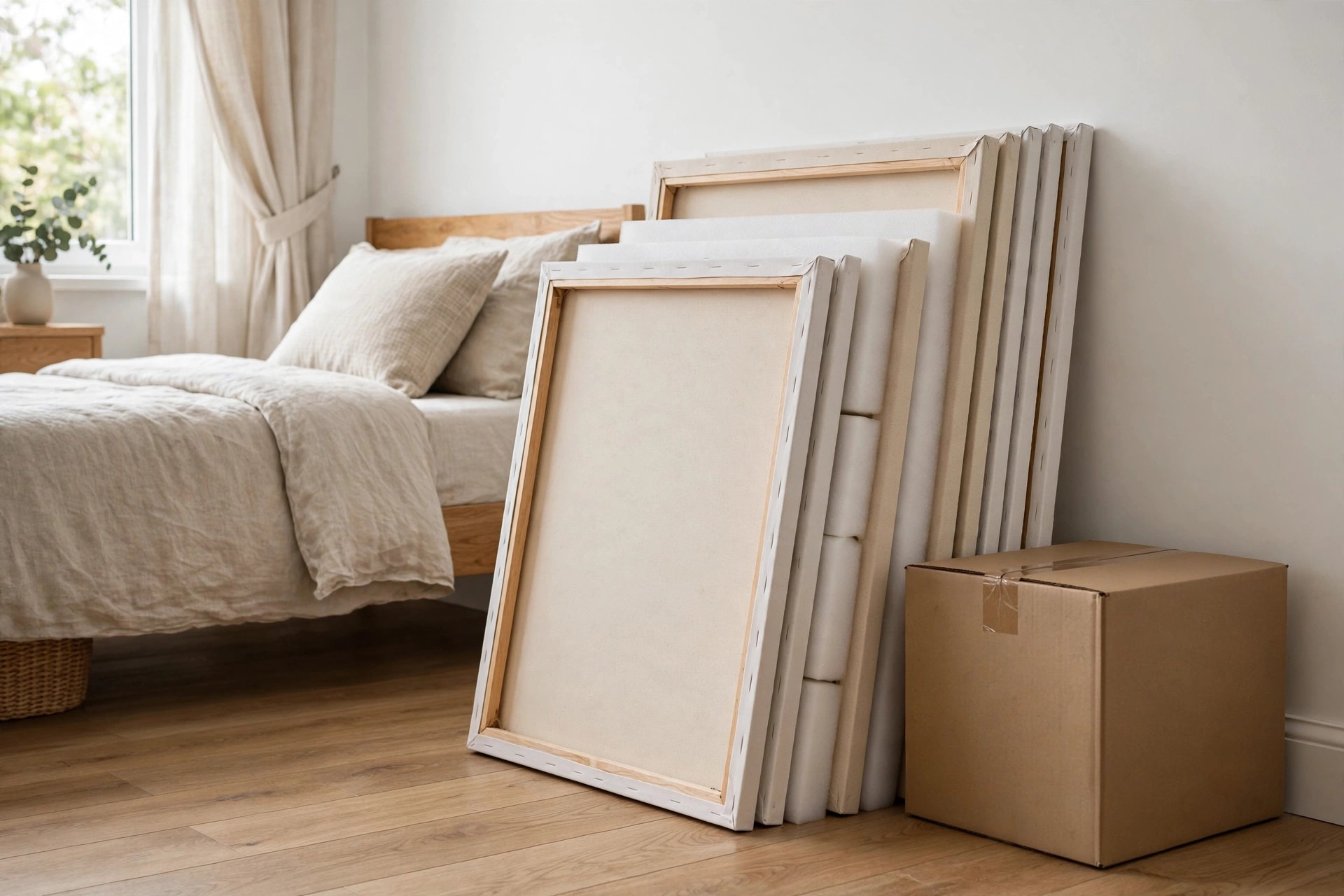 Canvas prints stacked upright with padding between them next to a packed moving box in a bedroom
