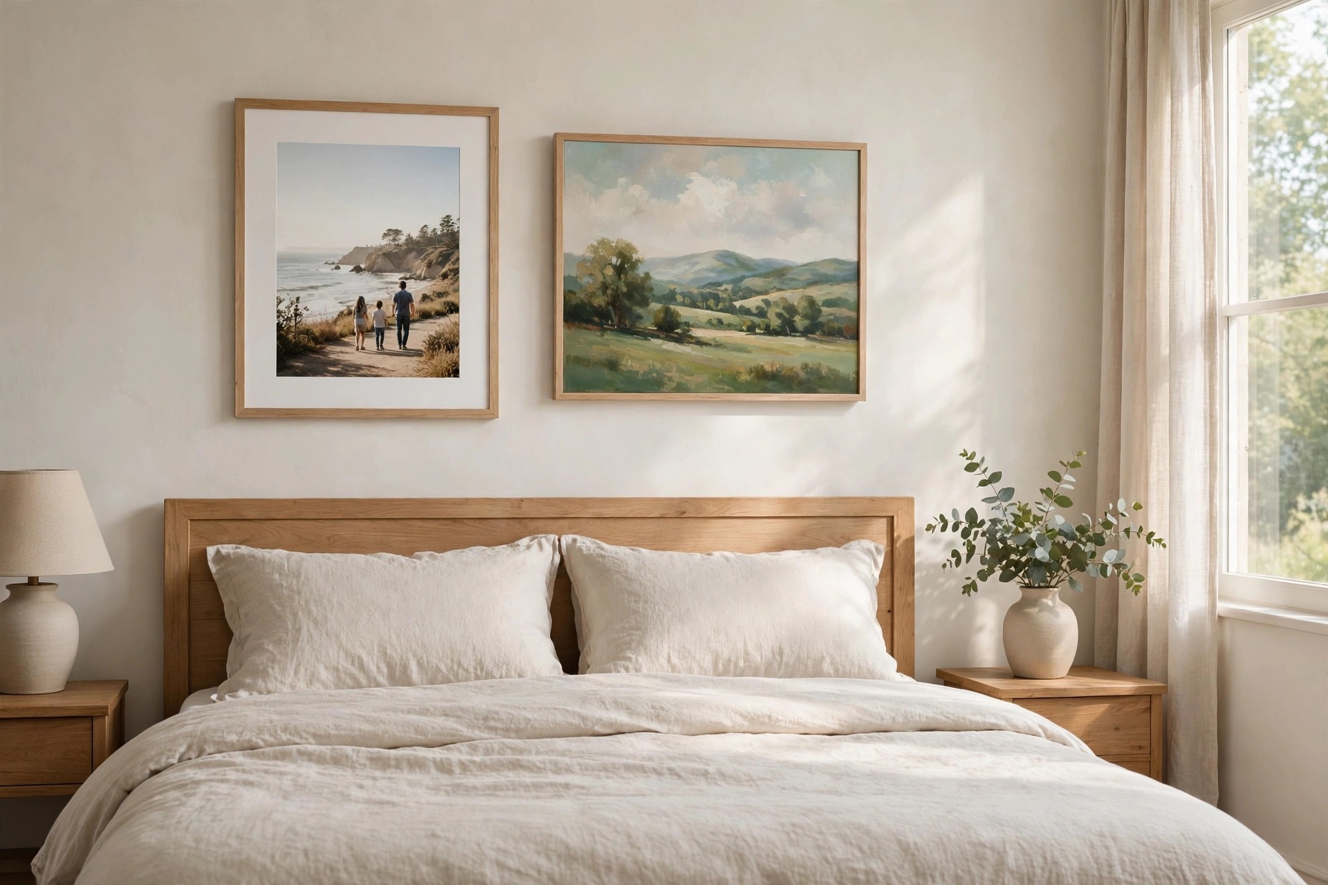A framed coastal photo print beside a framed landscape painting above a bed with cream bedding