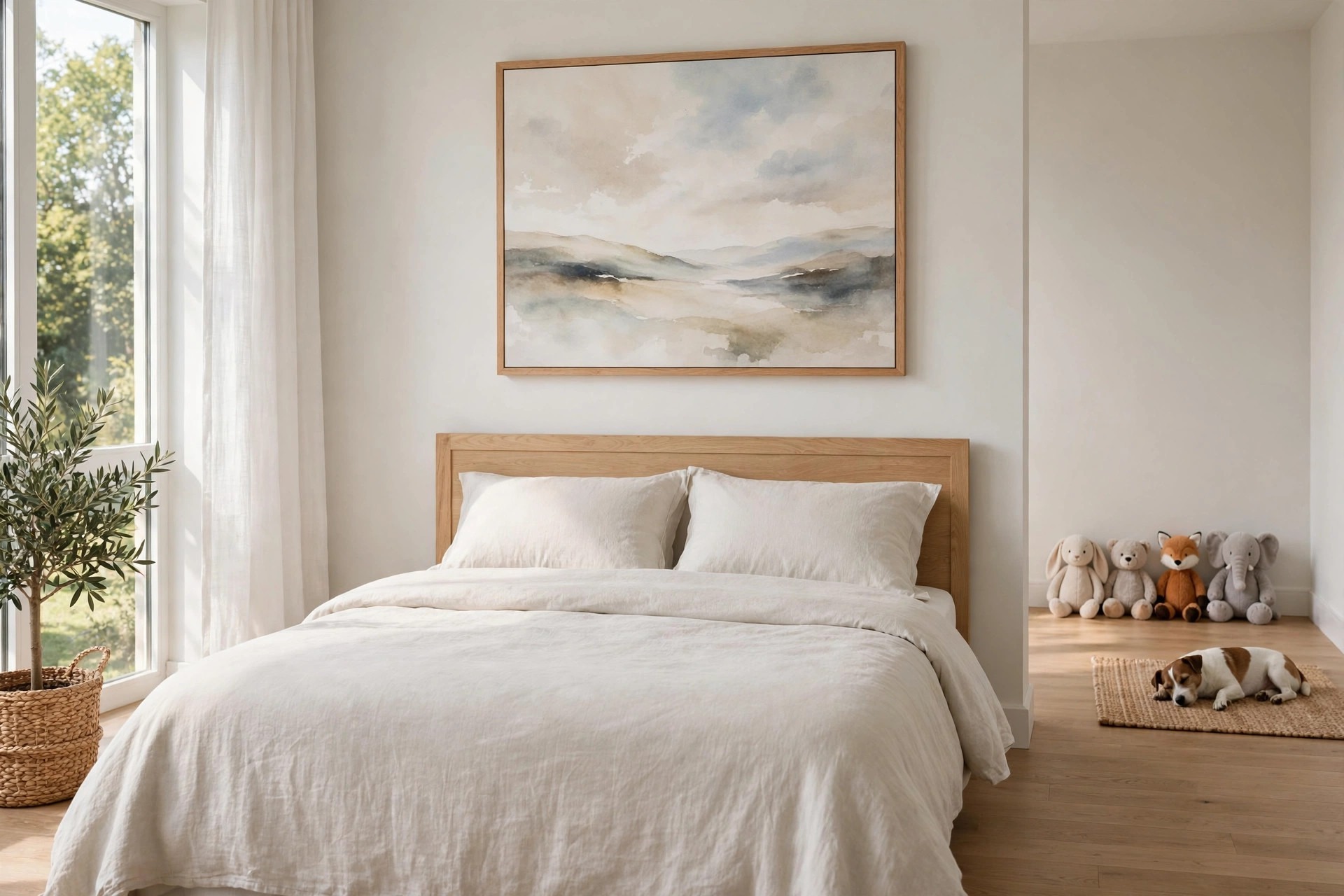 A large landscape print high above a bed in a family bedroom with soft toys and a small dog on a rug