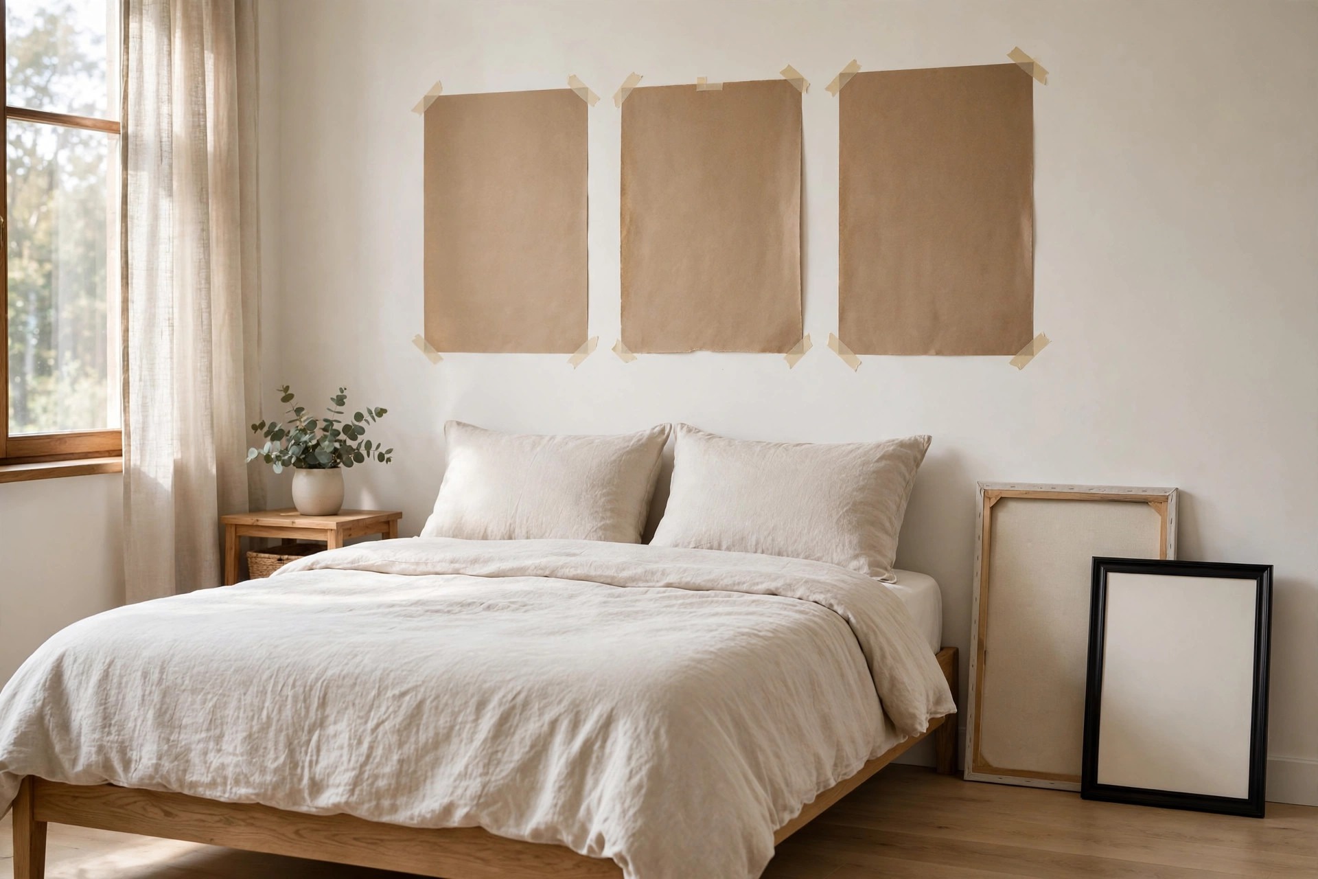 Three brown paper templates taped on the wall above a bed, with a canvas and a framed print leaning below