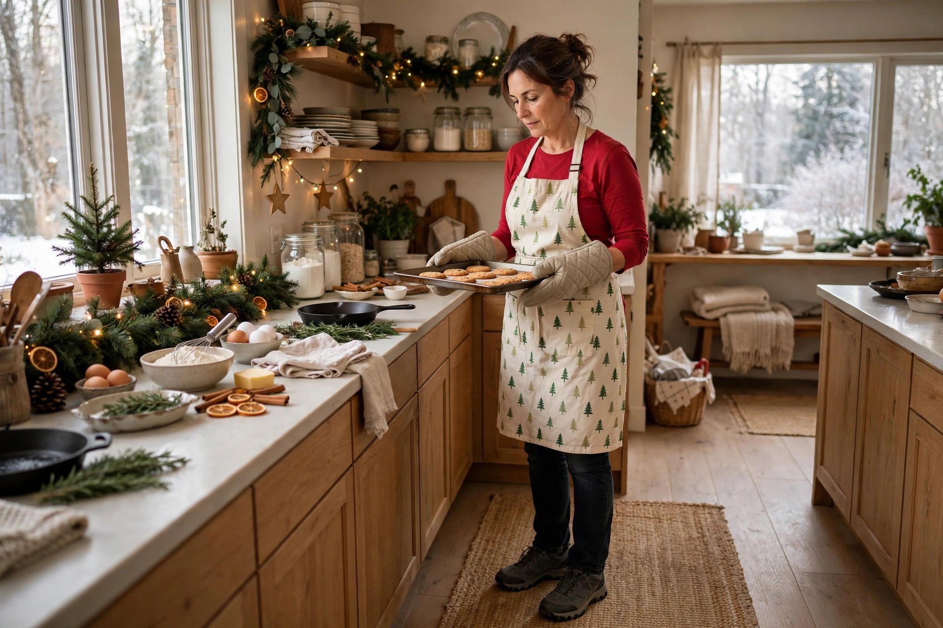Woman wearing a red long sleeve tee under a cream apron with a green tree print, dark jeans and oven mitts, holding a tray of cookies in a Christmas kitchen