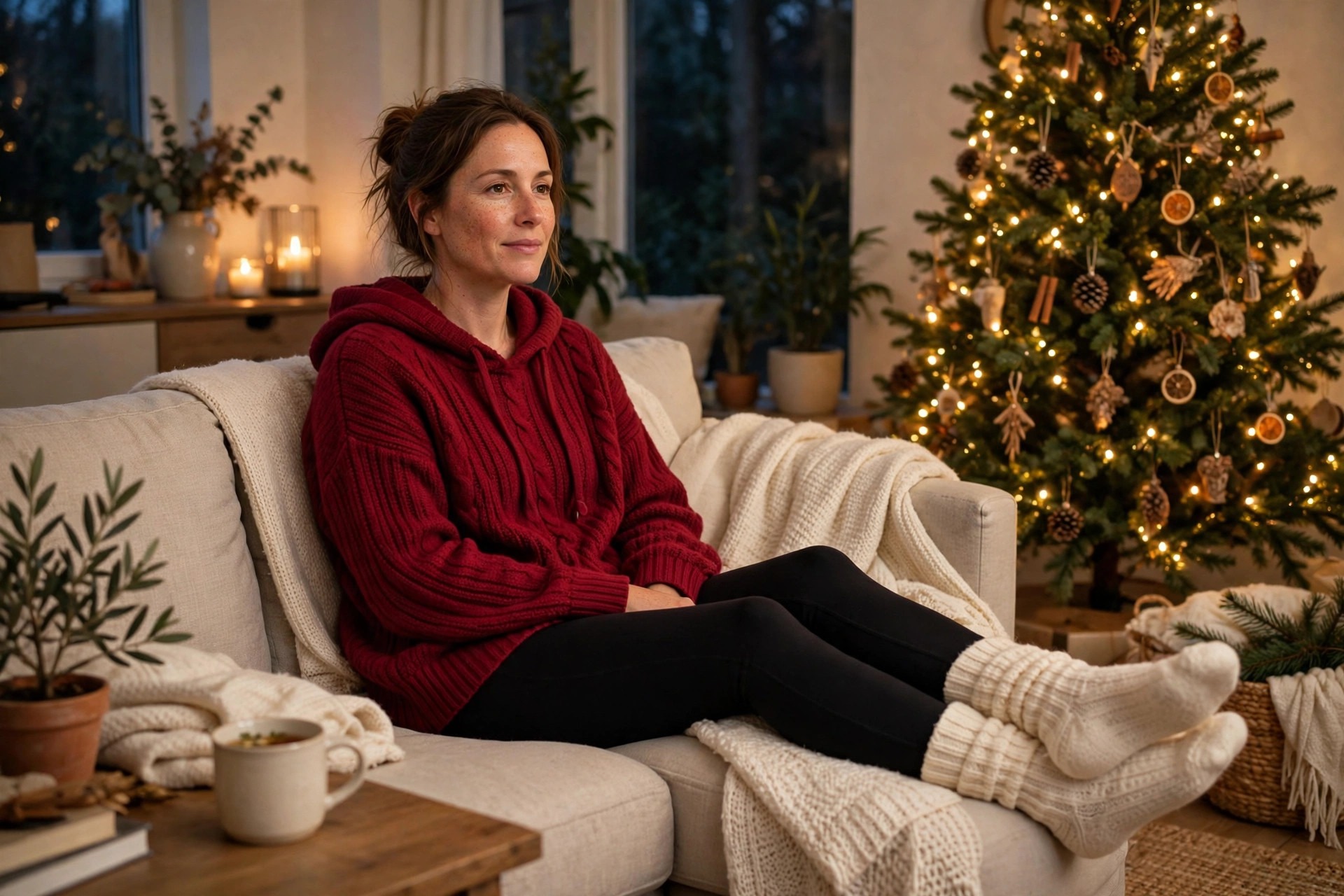 Woman wearing a cranberry knit hoodie with black leggings and thick cream socks on a sofa beside a lit Christmas tree in the evening
