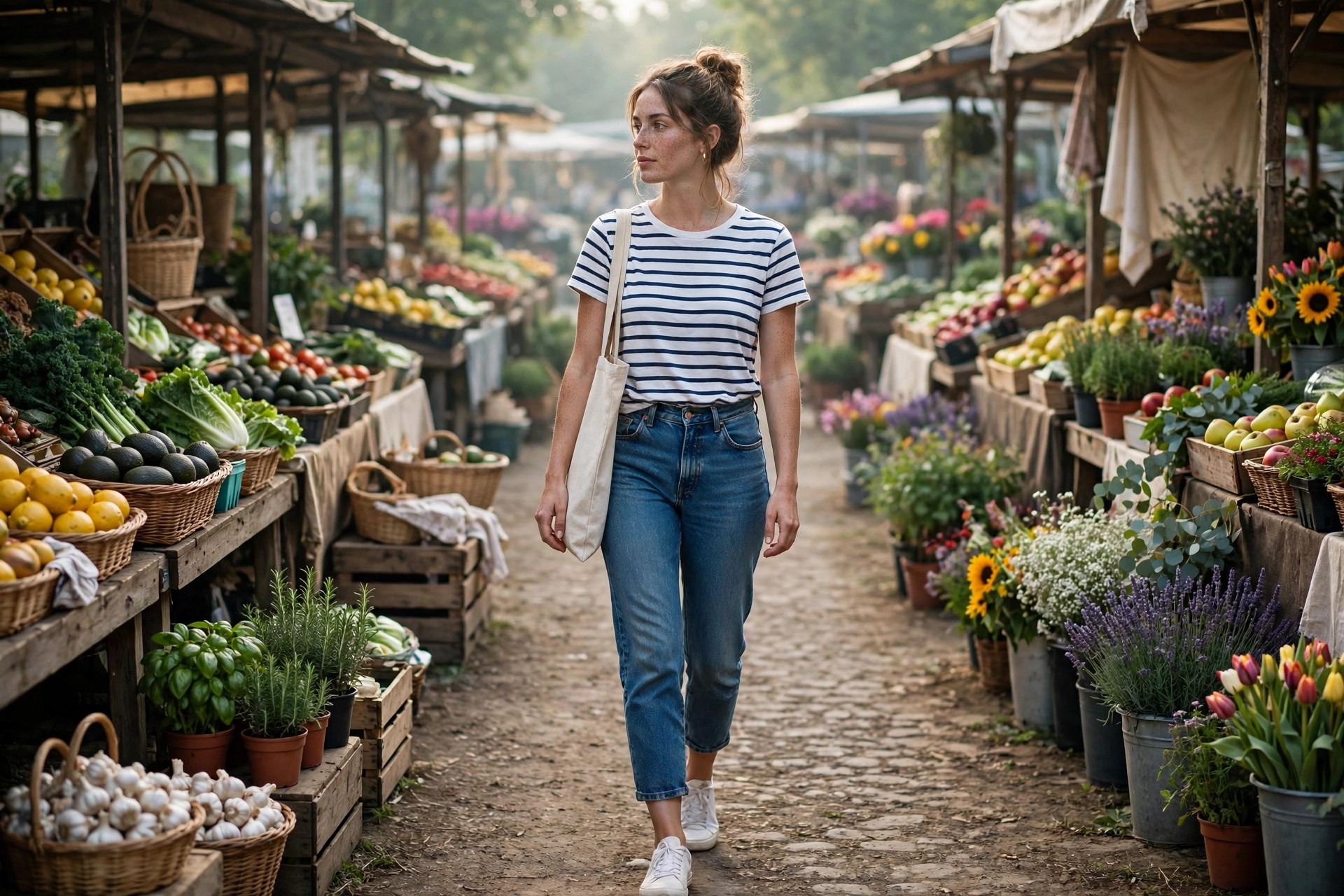 Woman wearing a red and white striped tee with light wash cropped jeans and white canvas sneakers holding flowers at a market