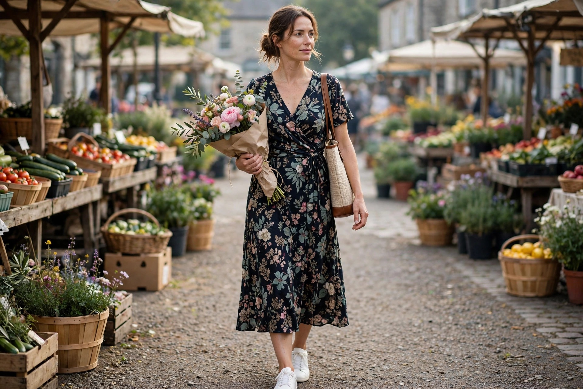 Woman wearing a yellow floral wrap midi dress with white sneakers carrying a canvas tote at a produce stall