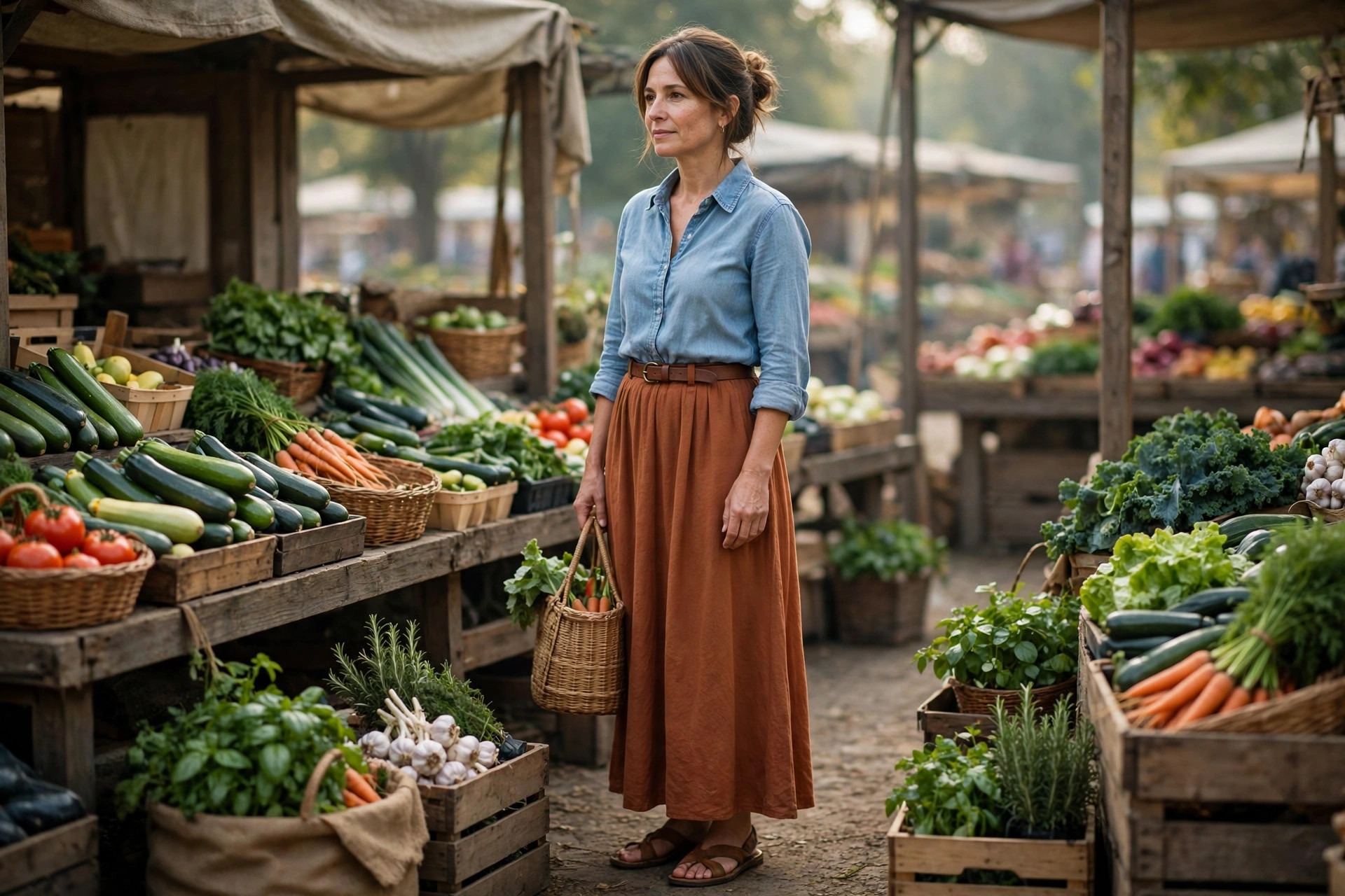 Woman wearing a light blue chambray shirt tied at the waist with a white cotton maxi skirt and flat sandals at a market