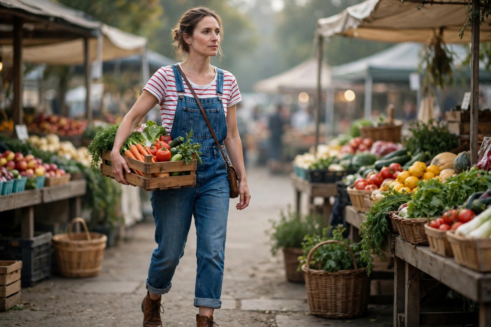 Woman wearing medium wash denim overalls over a striped tee with ankle boots at an outdoor market