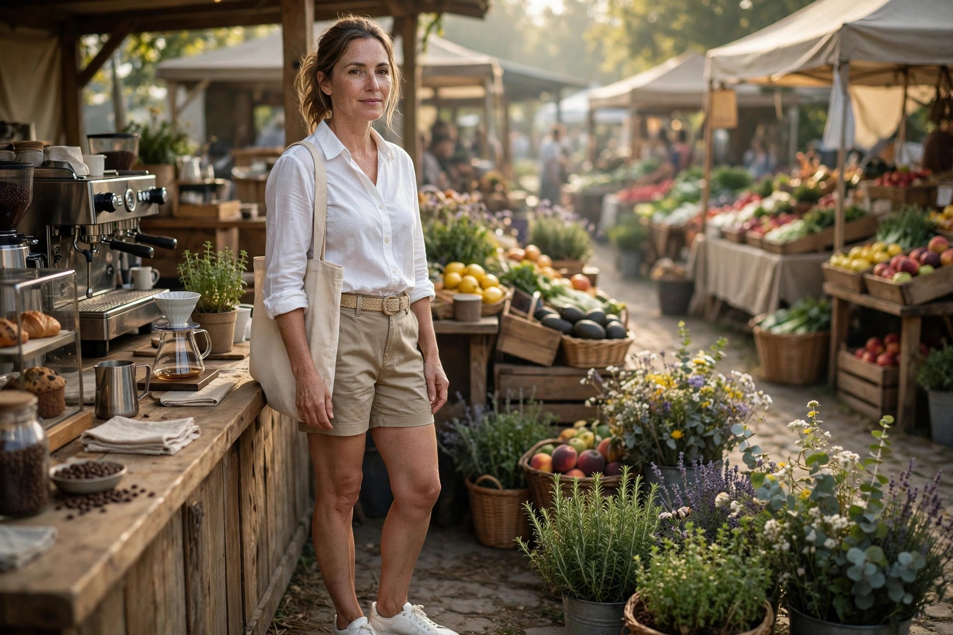 Woman wearing a white button down shirt tucked into khaki shorts with a brown belt and loafers at a market stall
