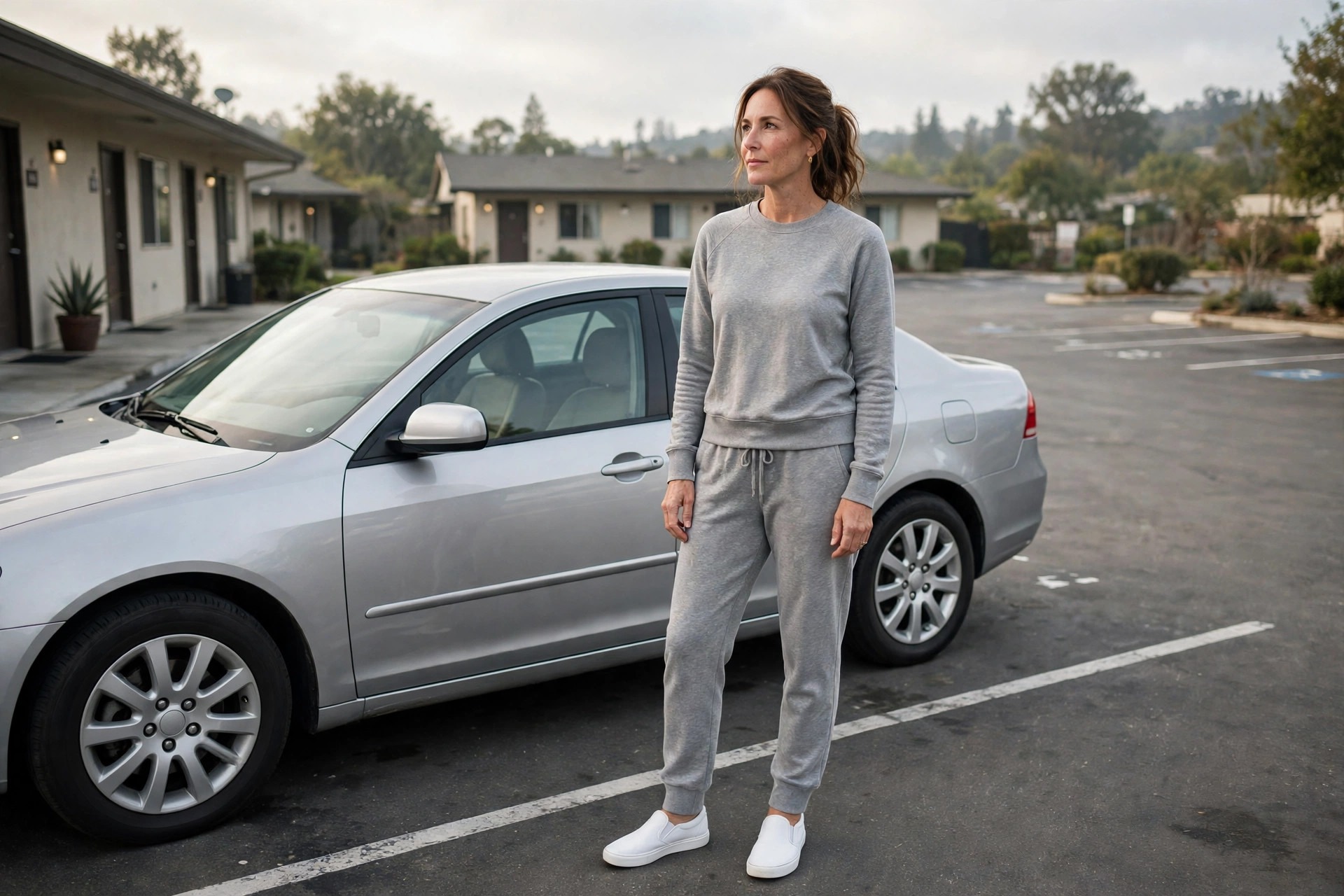 Woman wearing a matching heather gray lounge set beside a car at a rest area