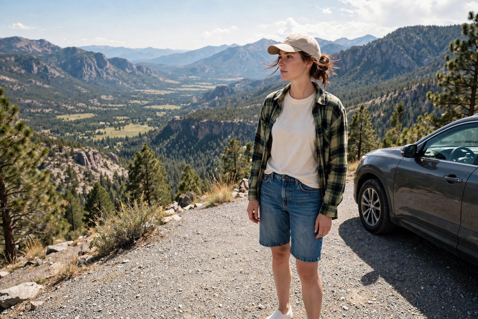 Woman wearing denim shorts with a soft tee and an open flannel shirt at a mountain overlook