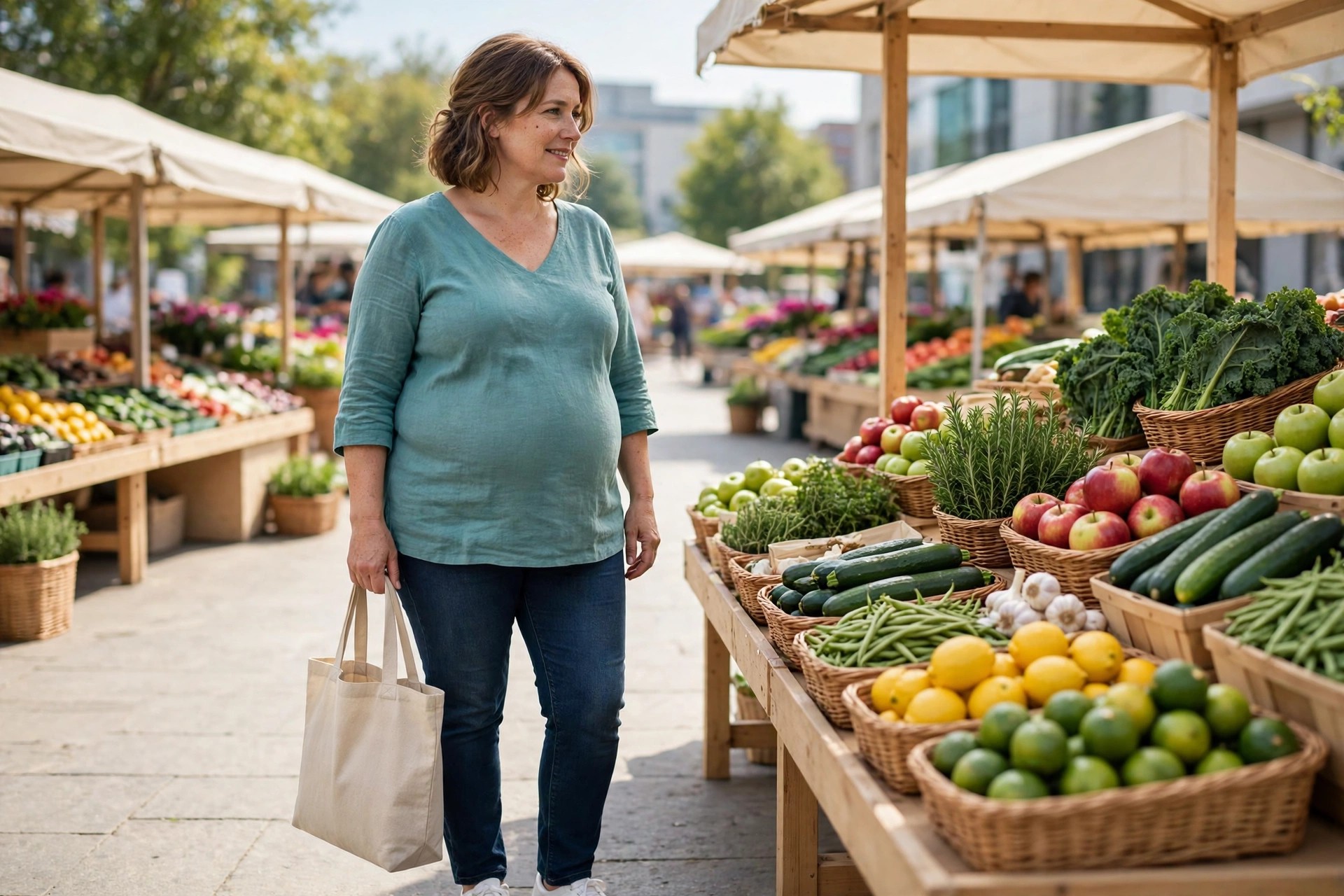 Woman with an apple shape wearing a deep teal V-neck tunic, dark straight jeans and white sneakers at an outdoor market