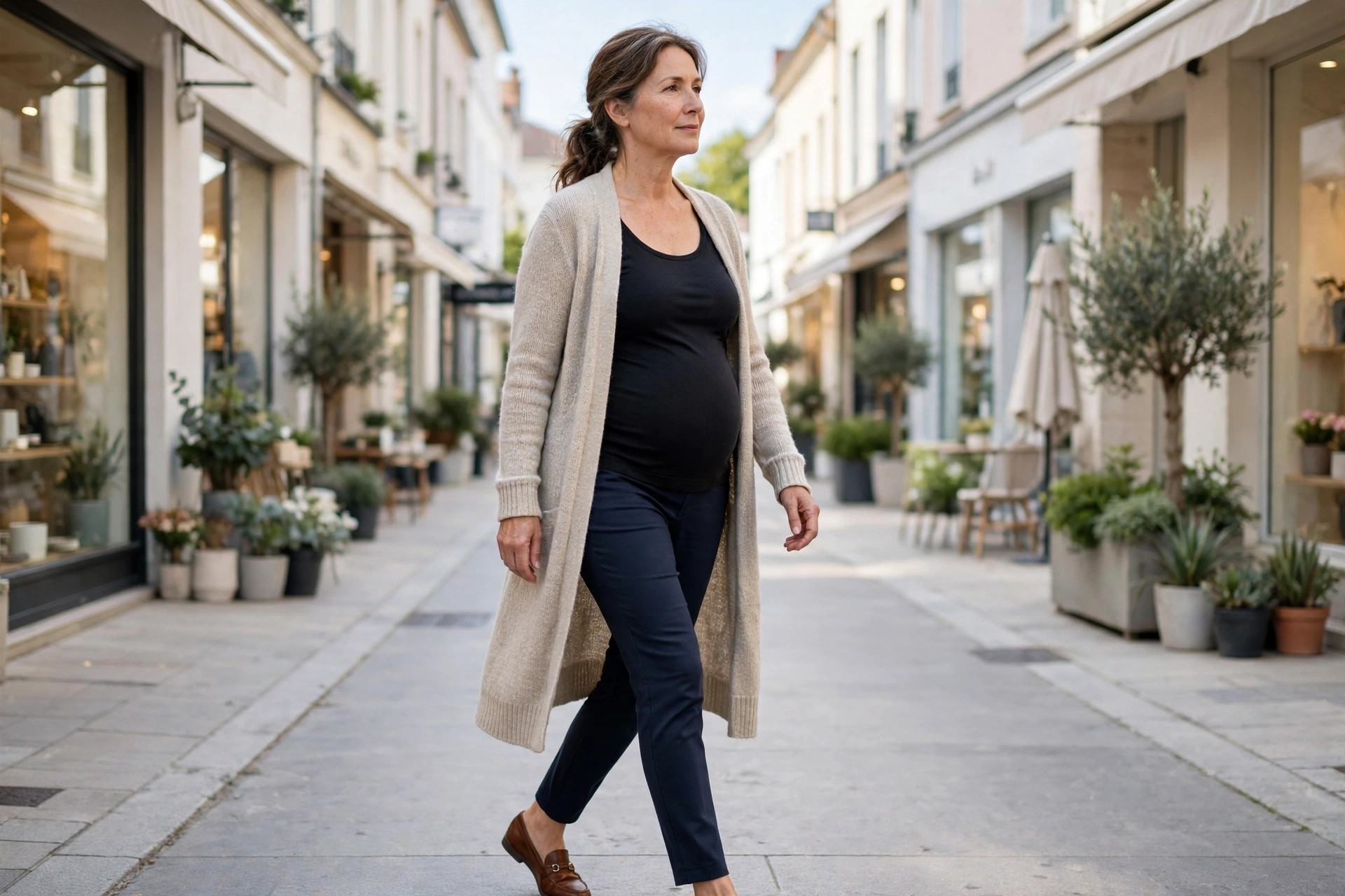 Woman wearing a long oatmeal cardigan open over a black tank, navy ankle pants and brown loafers on a shopping street