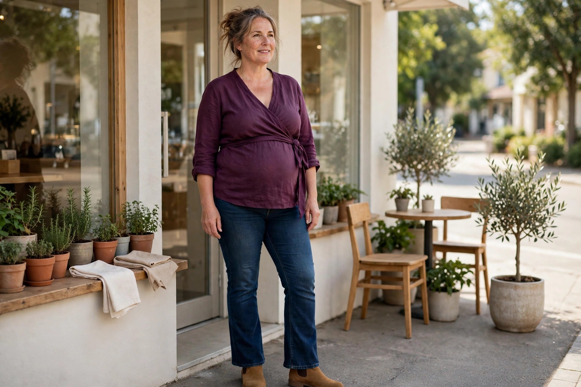 Woman wearing a plum wrap top, dark bootcut jeans and tan ankle boots outside a cafe