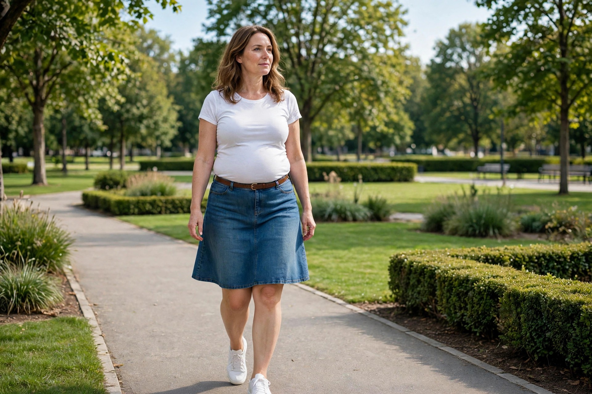 Woman wearing a white fitted tee tucked into a denim A-line skirt with a belt and white sneakers in a park