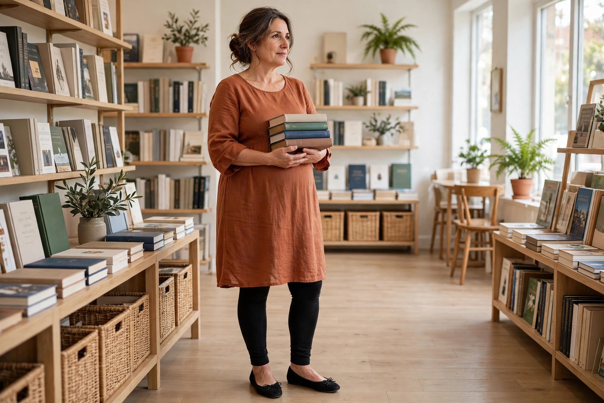 Woman wearing a rust swing dress, black leggings and black ballet flats in a bookshop