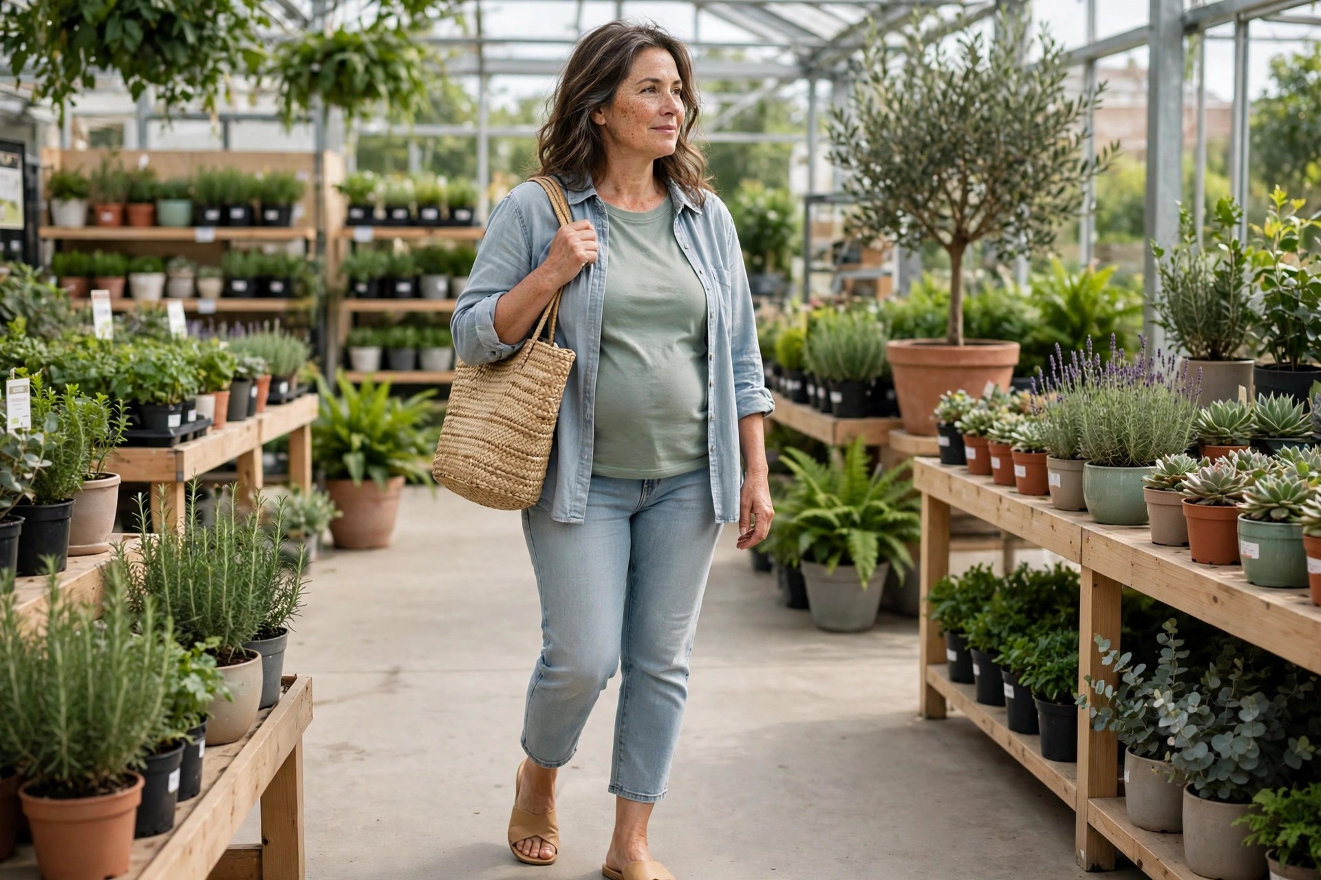 Woman wearing an open chambray shirt over a sage tee, light cropped jeans and tan slides at a garden center