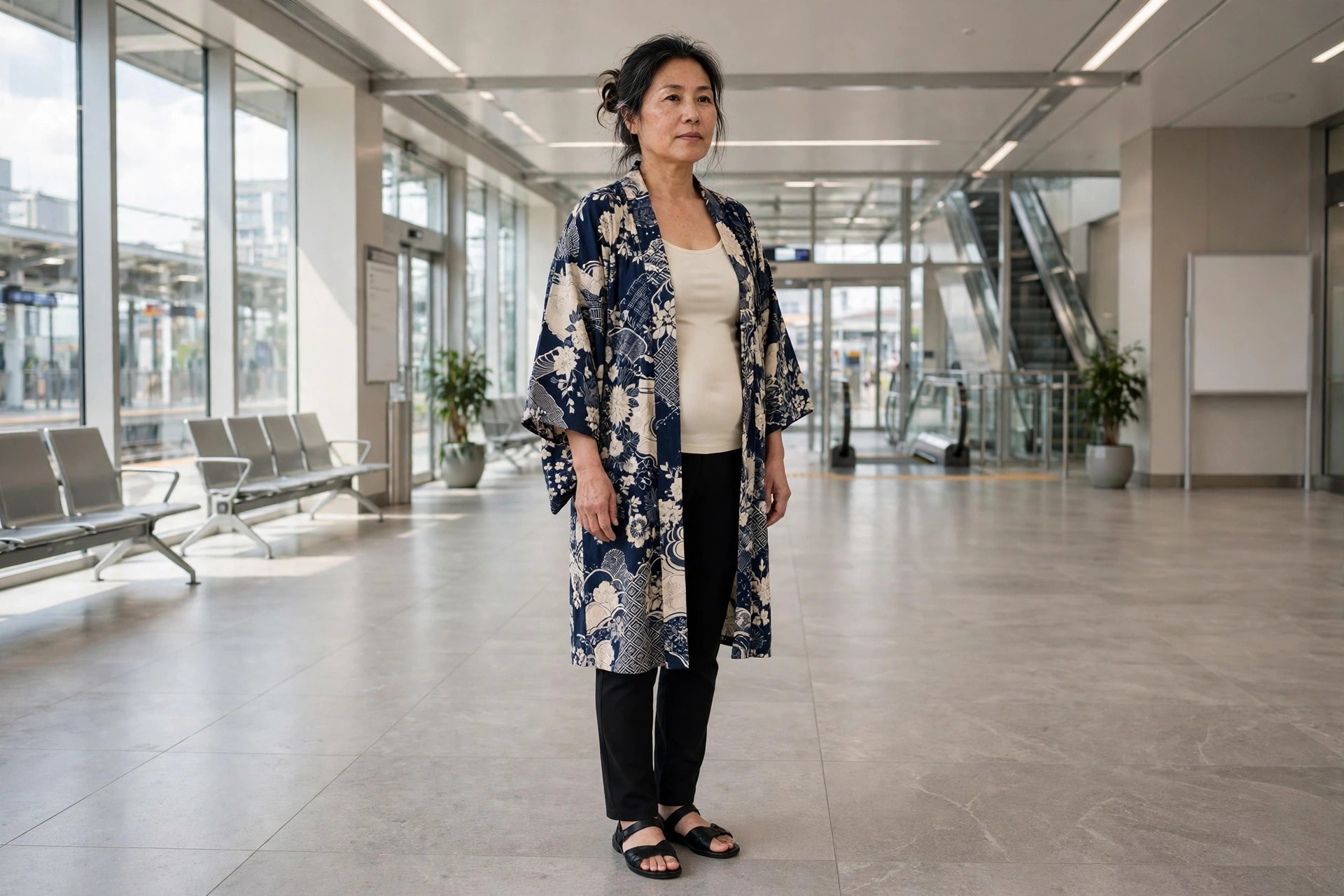 Woman wearing a navy and cream printed kimono over a cream tank, black straight pants and black sandals at a train station