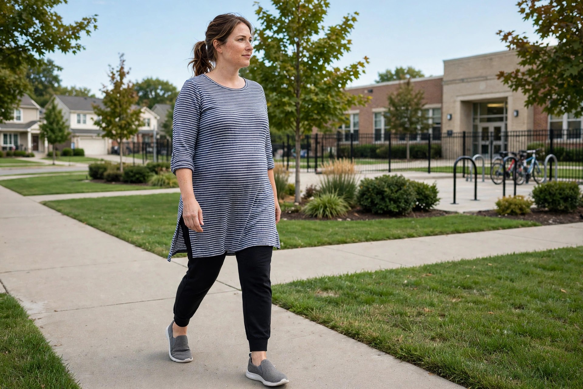 Woman wearing a navy and white striped long tunic, black slim jogger pants and gray slip-on shoes on a school sidewalk