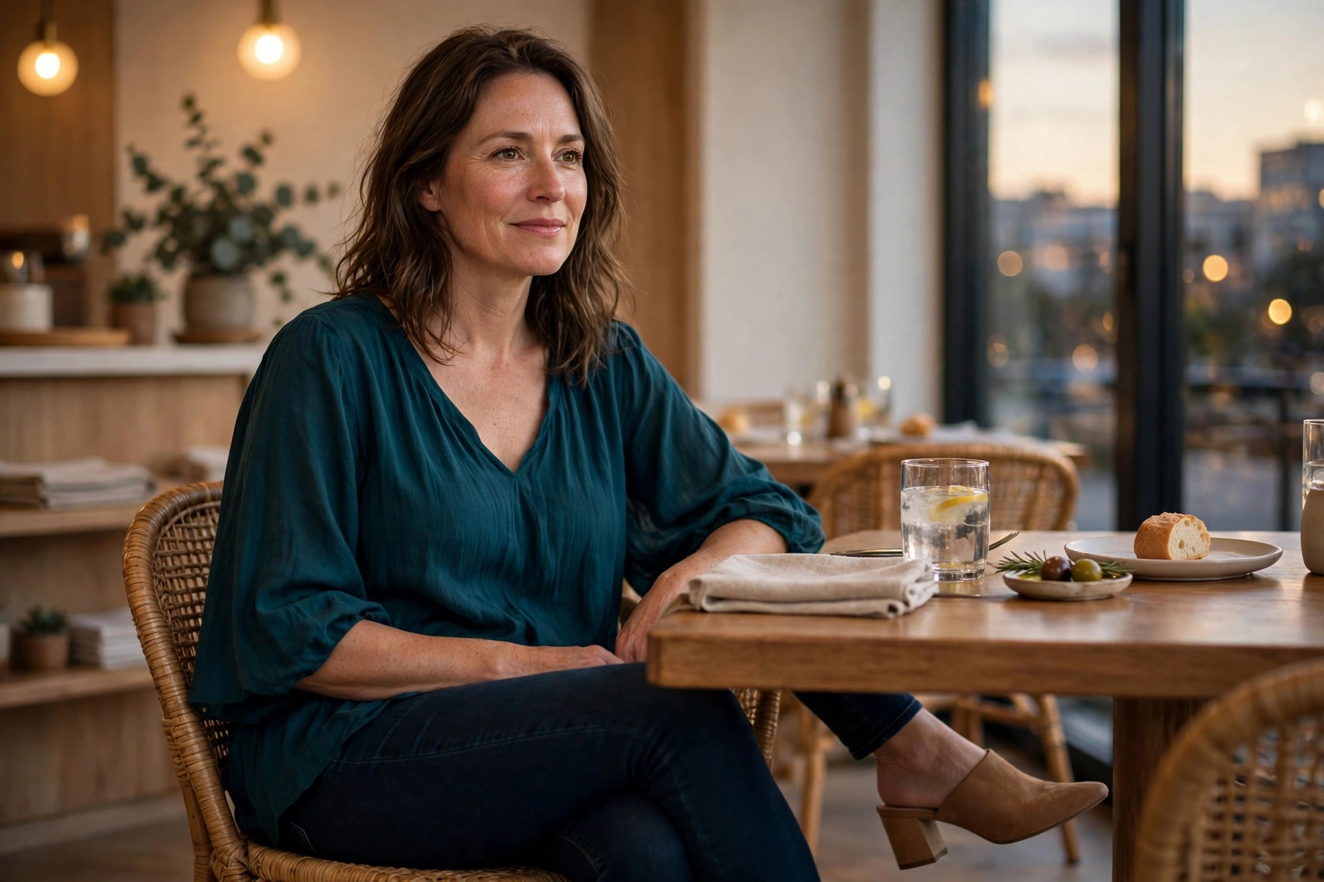 Woman seated at a restaurant table wearing a teal flowy blouse, dark slim jeans and tan block heel mules