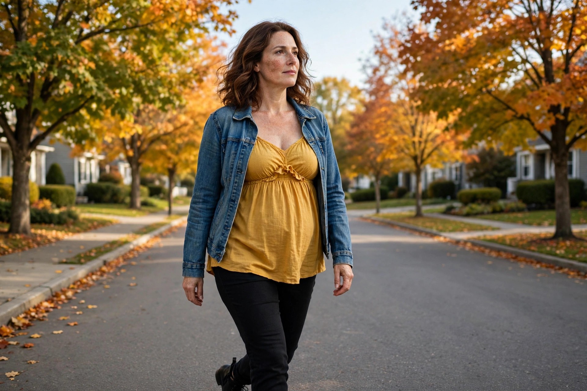 Woman wearing a mustard empire waist top, an open denim jacket, black slim pants and black ankle boots on a fall street