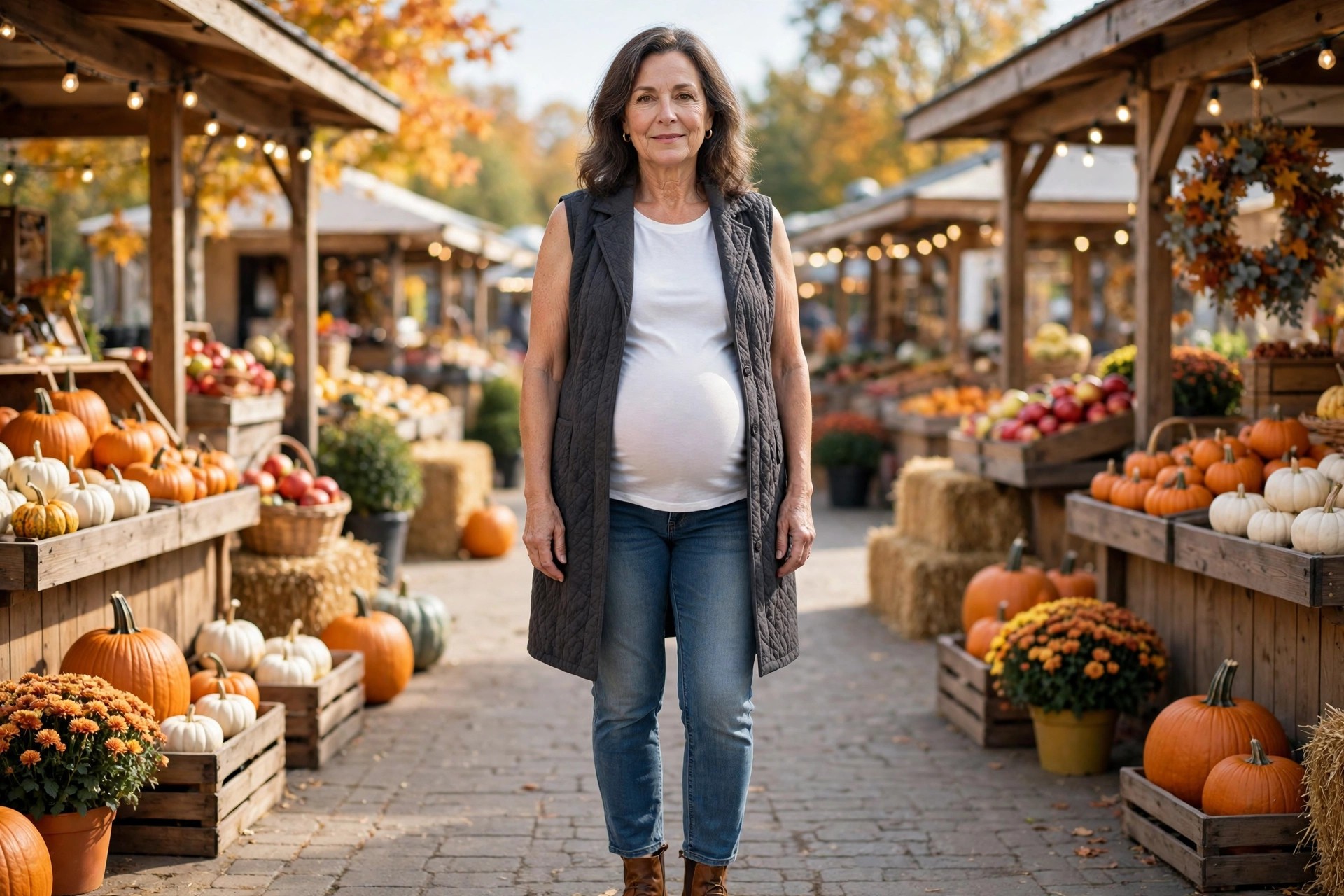 Woman wearing a charcoal long quilted vest over a white tee, ankle jeans and brown ankle boots at a fall market